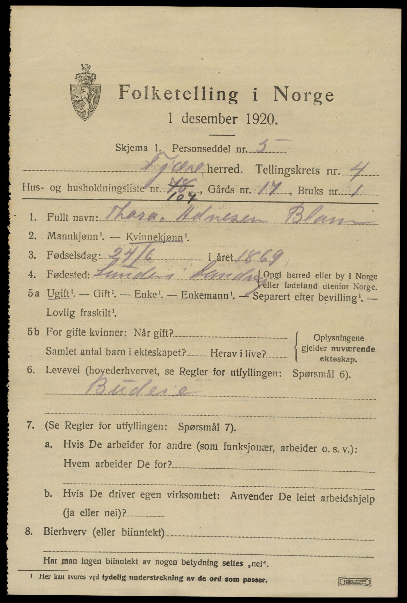 SAK, 1920 census for Fjære, 1920, p. 7433