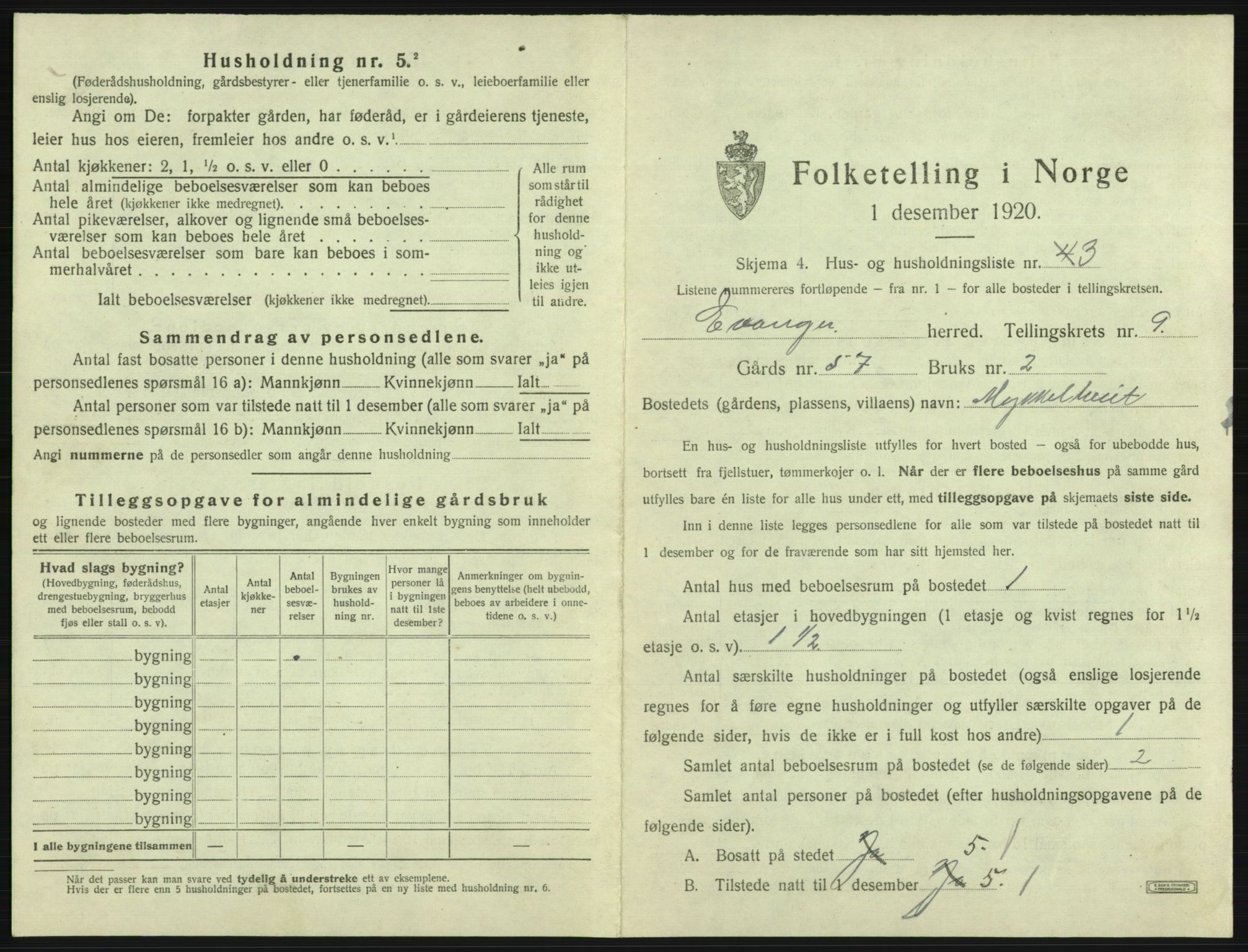 SAB, 1920 census for Evanger, 1920, p. 397