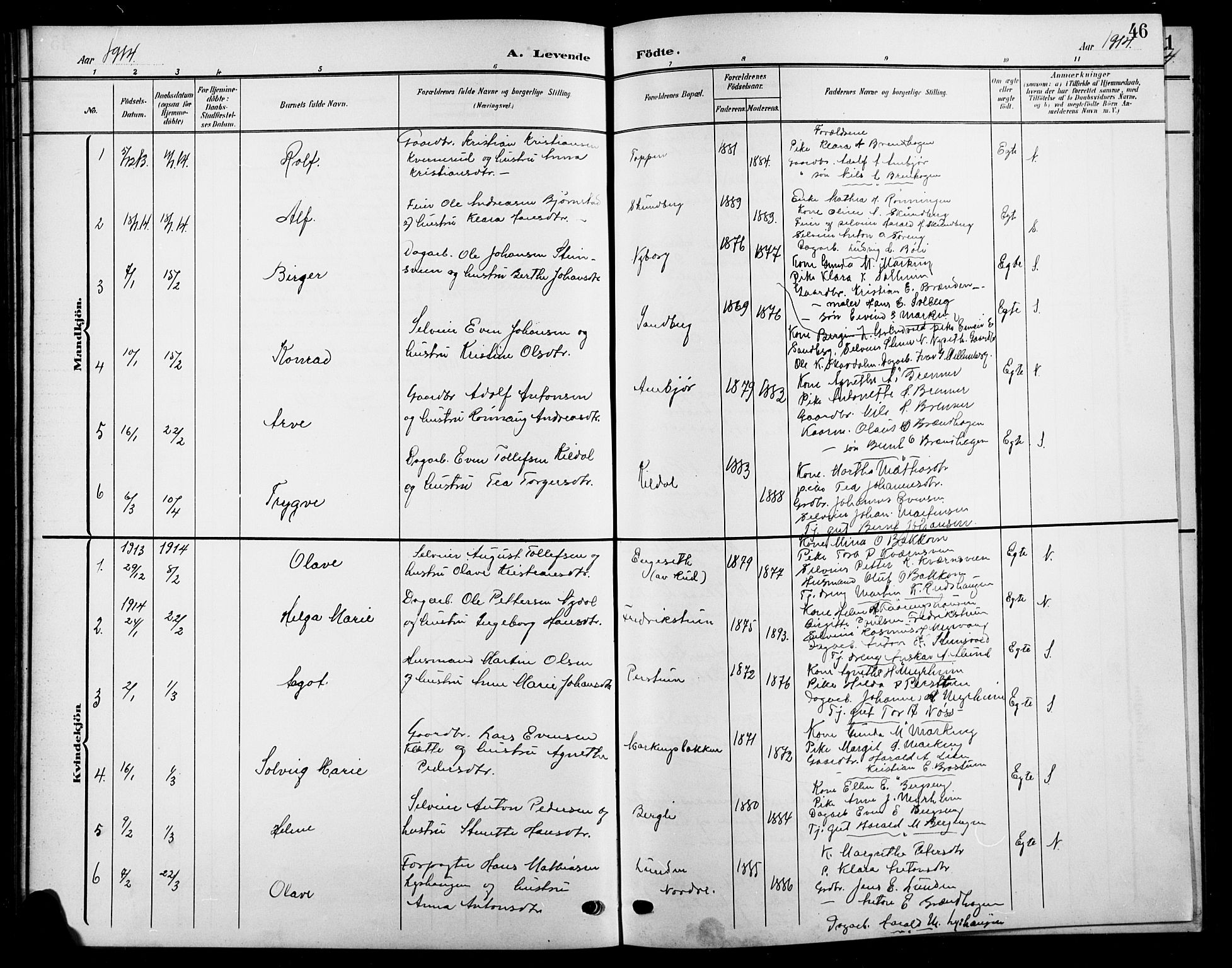 Biri prestekontor, SAH/PREST-096/H/Ha/Hab/L0005: Parish register (copy) no. 5, 1906-1919, p. 46