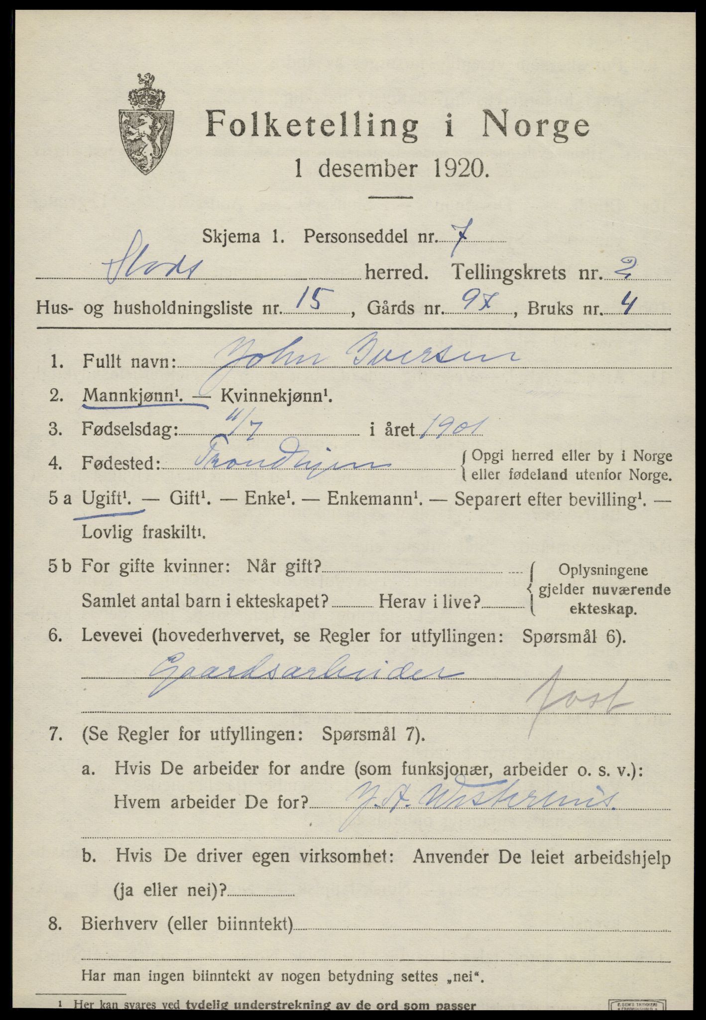 SAT, 1920 census for Stod, 1920, p. 1414