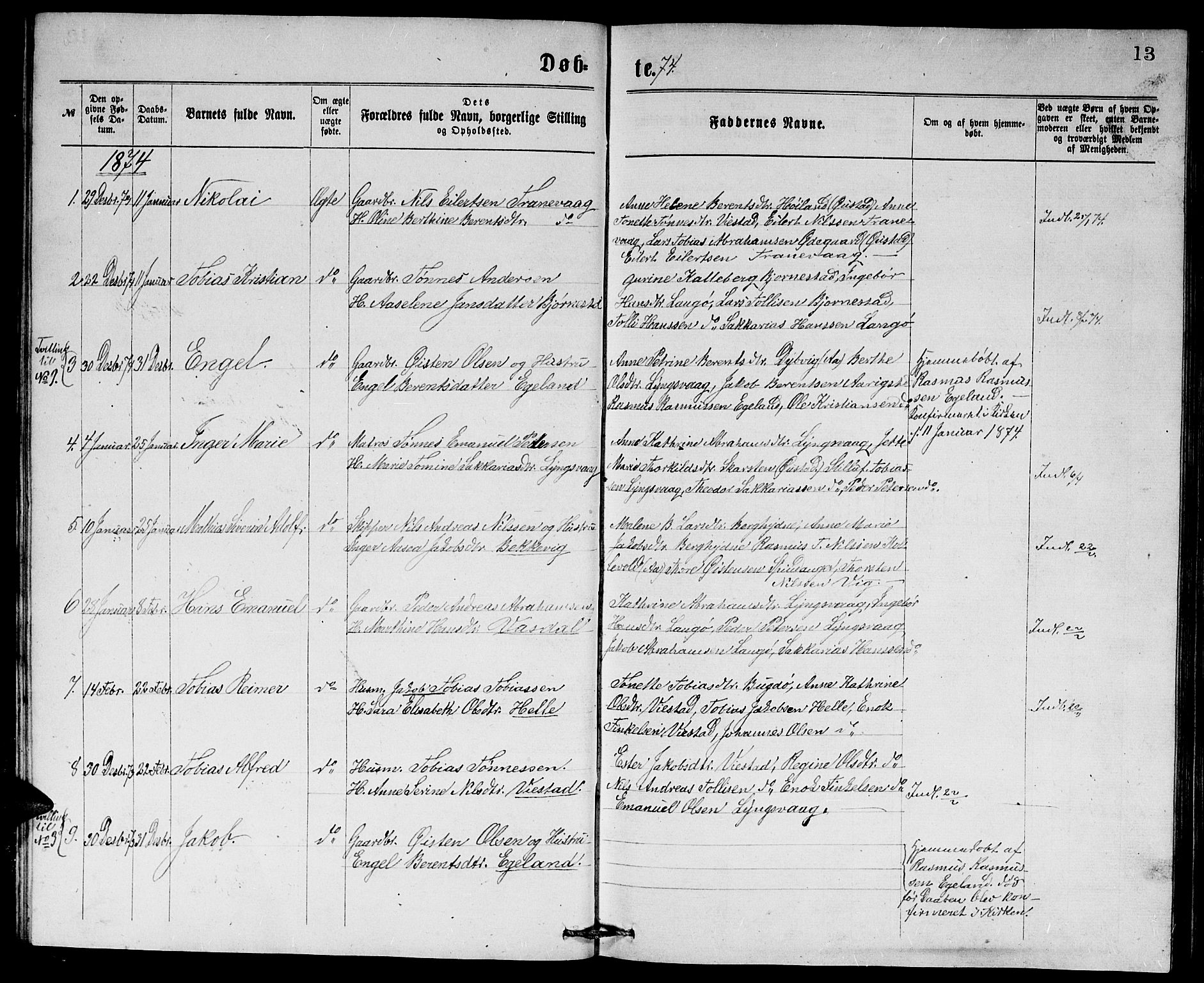 Herad sokneprestkontor, SAK/1111-0018/F/Fb/Fbb/L0003: Parish register (copy) no. B 3, 1872-1889, p. 13