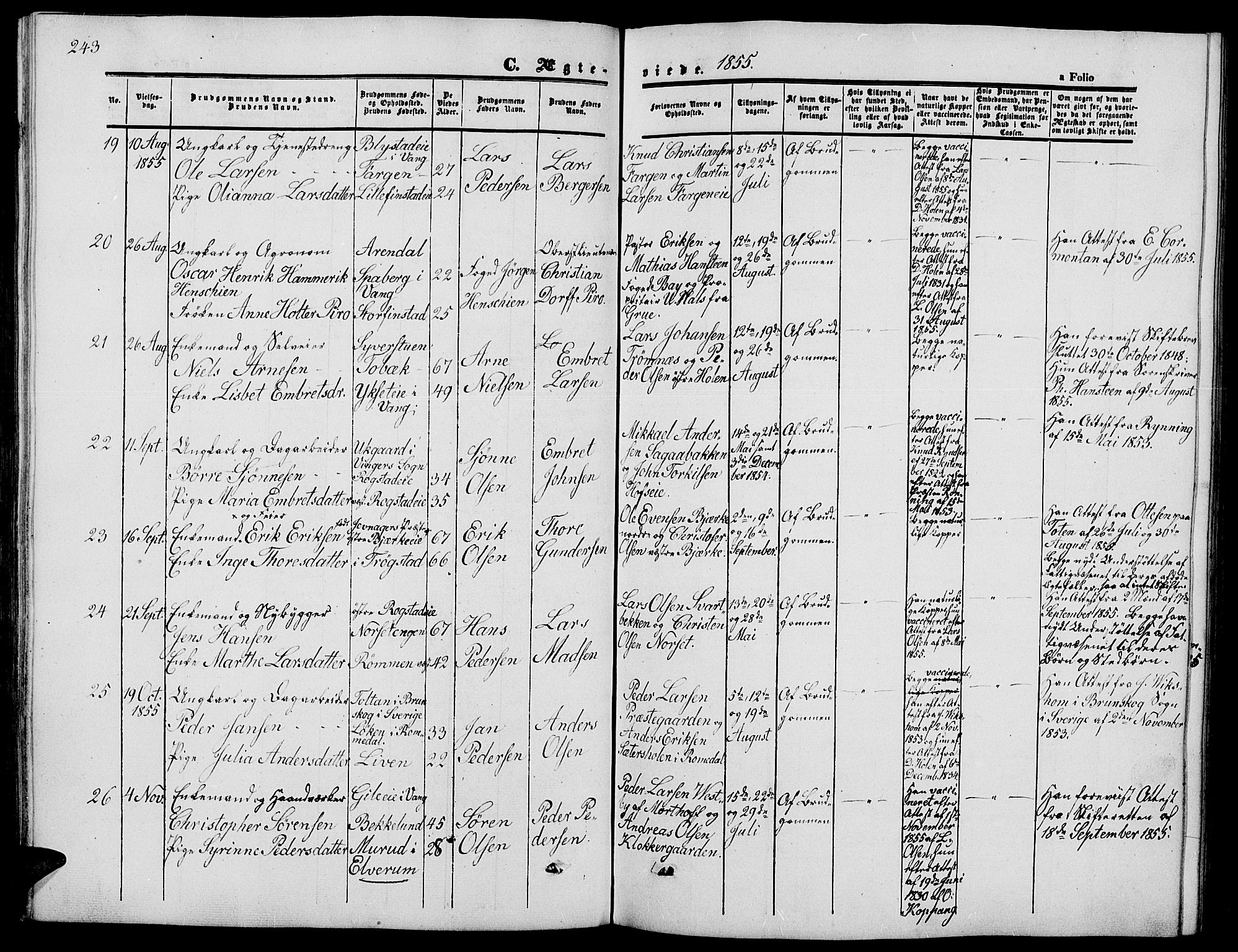 Løten prestekontor, SAH/PREST-022/L/La/L0003: Parish register (copy) no. 3, 1850-1862, p. 243