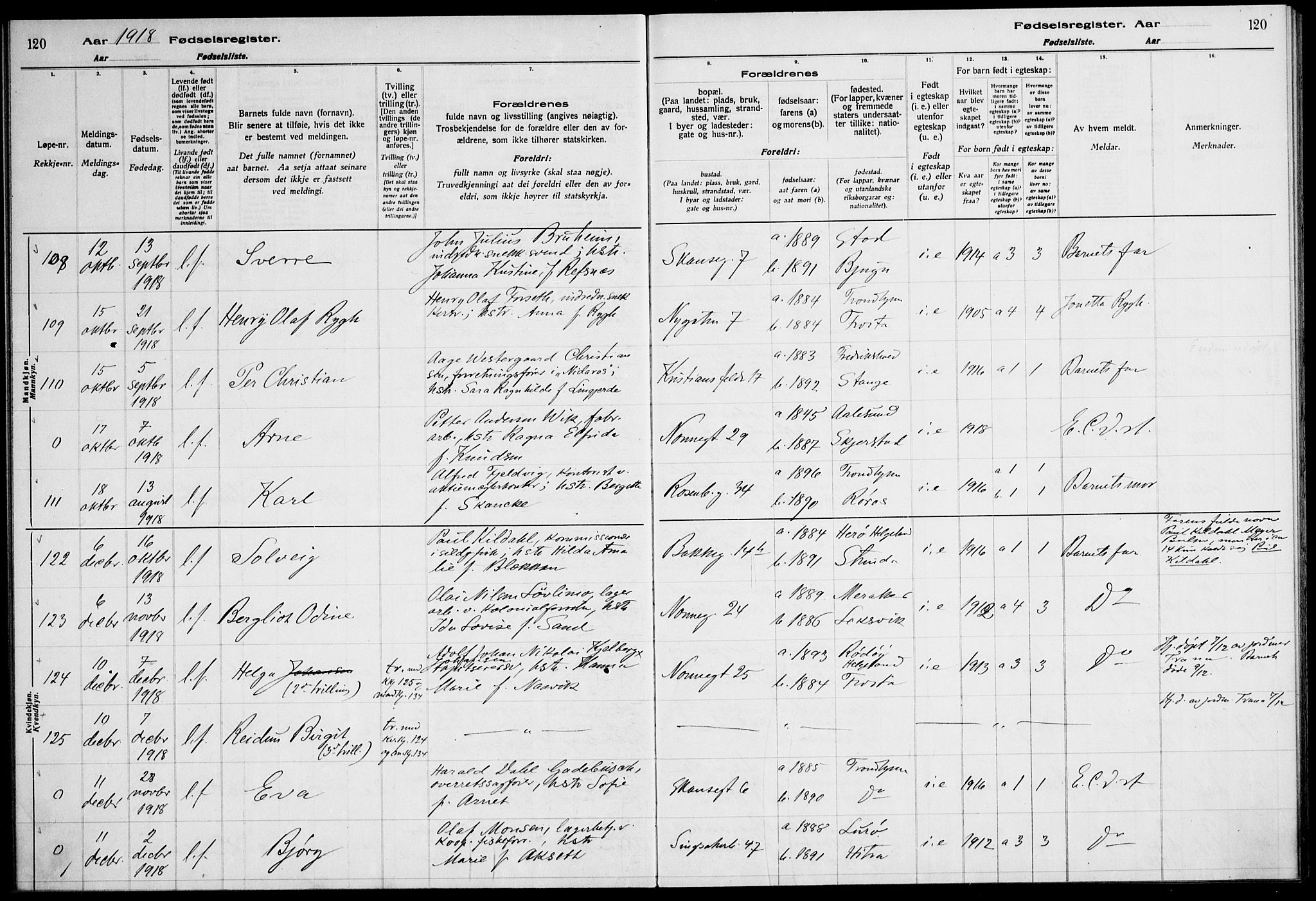 Ministerialprotokoller, klokkerbøker og fødselsregistre - Sør-Trøndelag, SAT/A-1456/604/L0232: Birth register no. 604.II.4.1, 1916-1920, p. 120