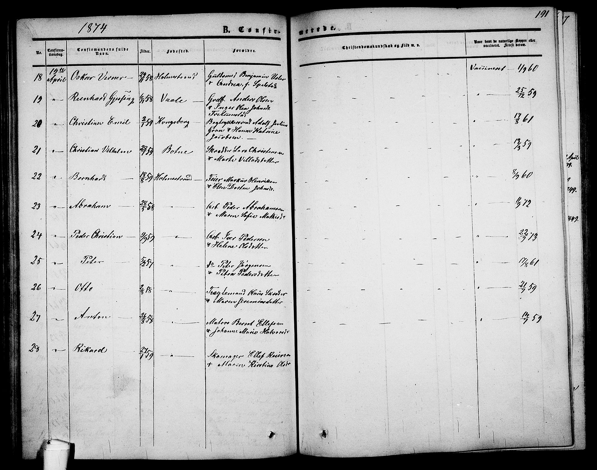 Holmestrand kirkebøker, AV/SAKO-A-346/G/Ga/L0003: Parish register (copy) no. 3, 1849-1874, p. 191