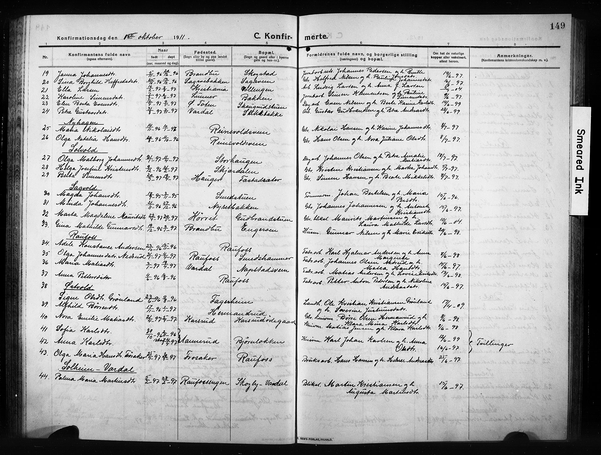 Vestre Toten prestekontor, AV/SAH-PREST-108/H/Ha/Hab/L0012: Parish register (copy) no. 12, 1909-1928, p. 149