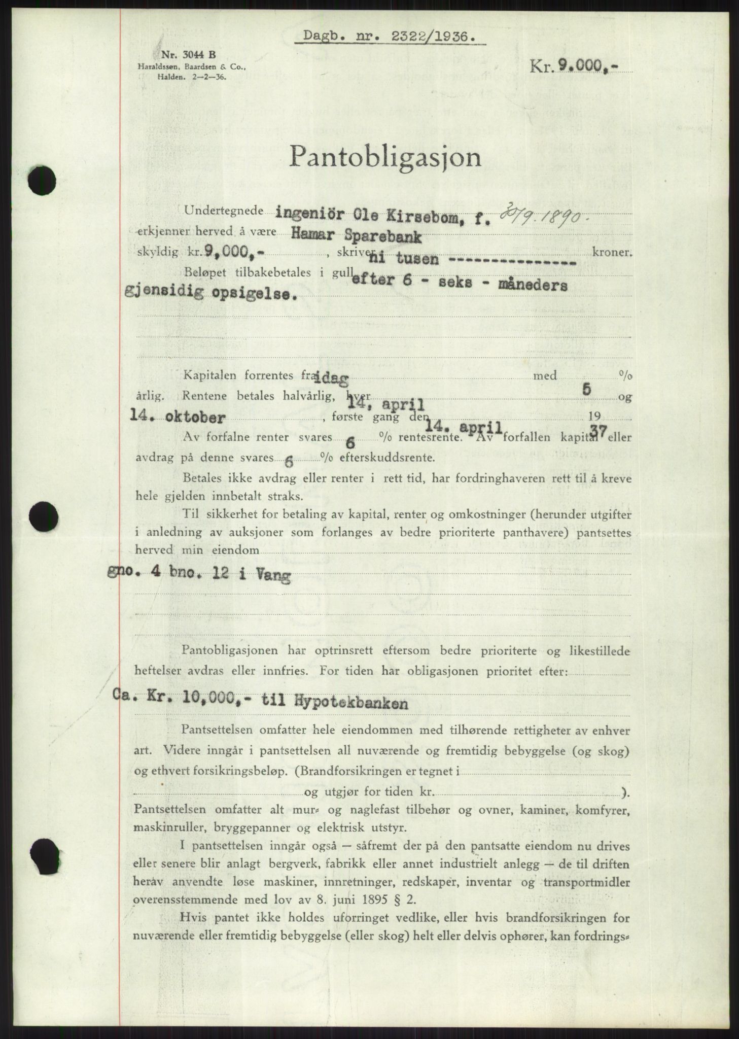 Nord-Hedmark sorenskriveri, SAH/TING-012/H/Hb/Hbf/L0001: Mortgage book no. B1, 1936-1936, Diary no: : 2322/1936