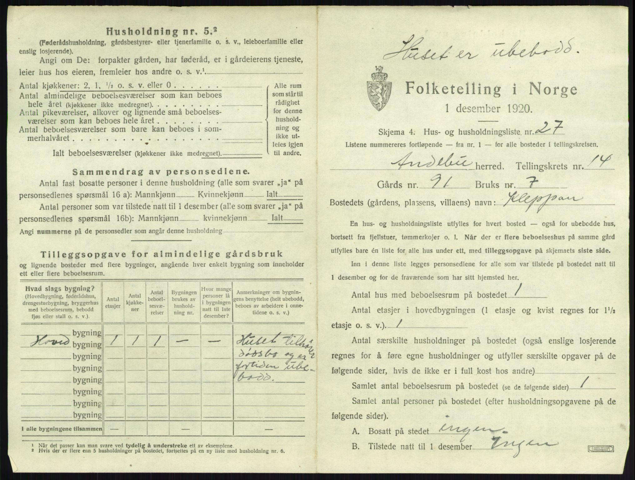 SAKO, 1920 census for Andebu, 1920, p. 836