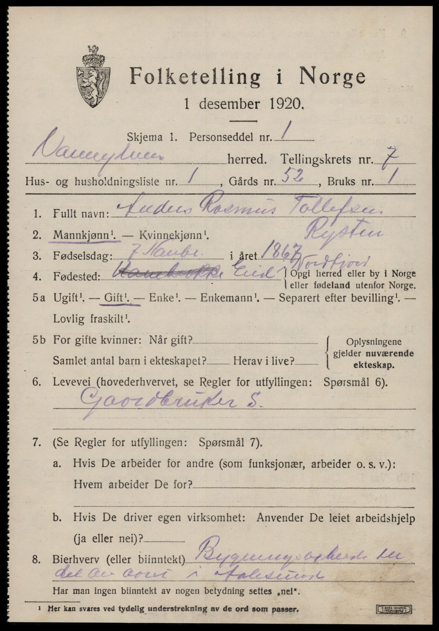 SAT, 1920 census for Vanylven, 1920, p. 4017