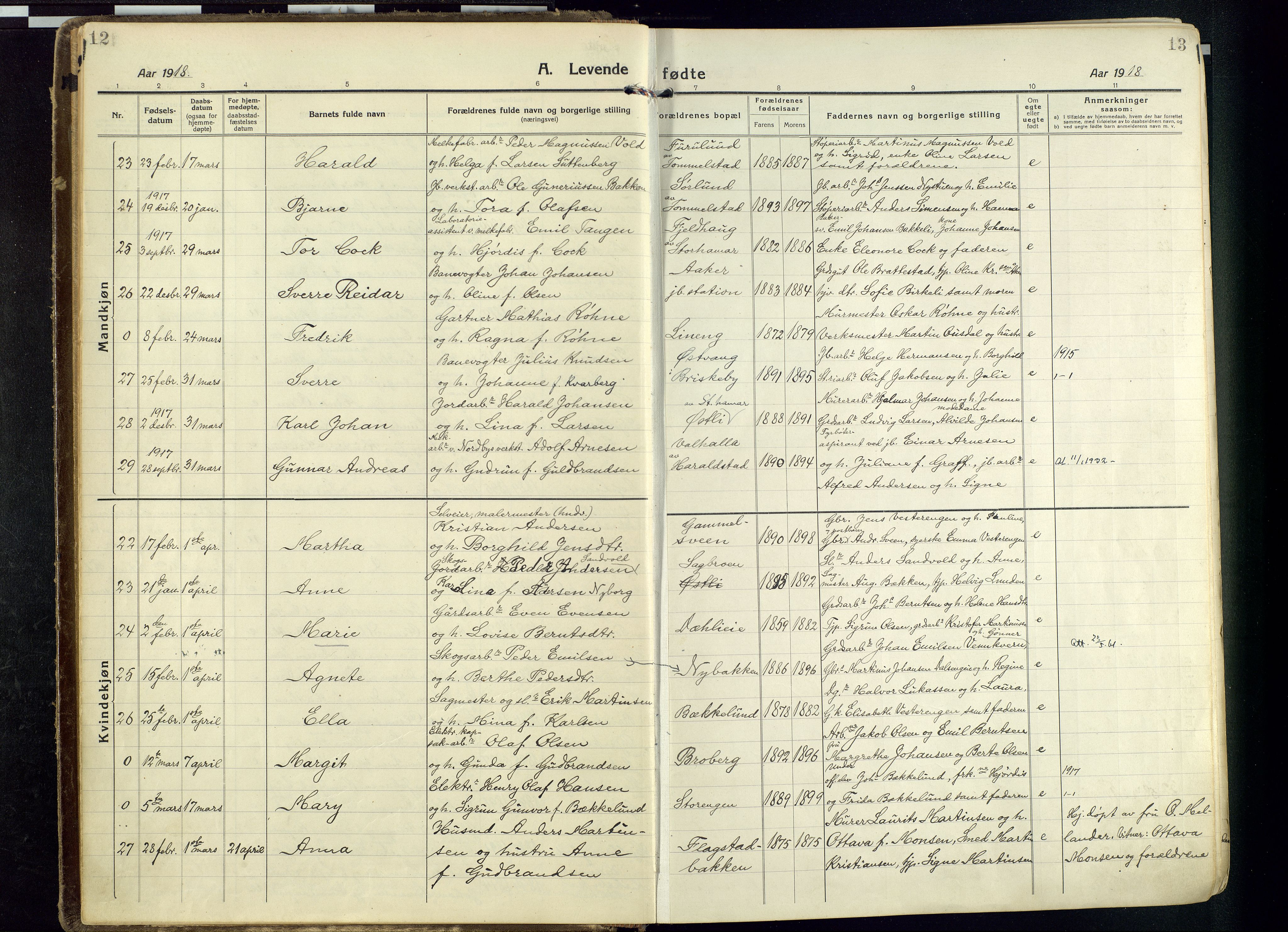 Vang prestekontor, Hedmark, AV/SAH-PREST-008/H/Ha/Haa/L0022: Parish register (official) no. 22, 1918-1944, p. 12-13