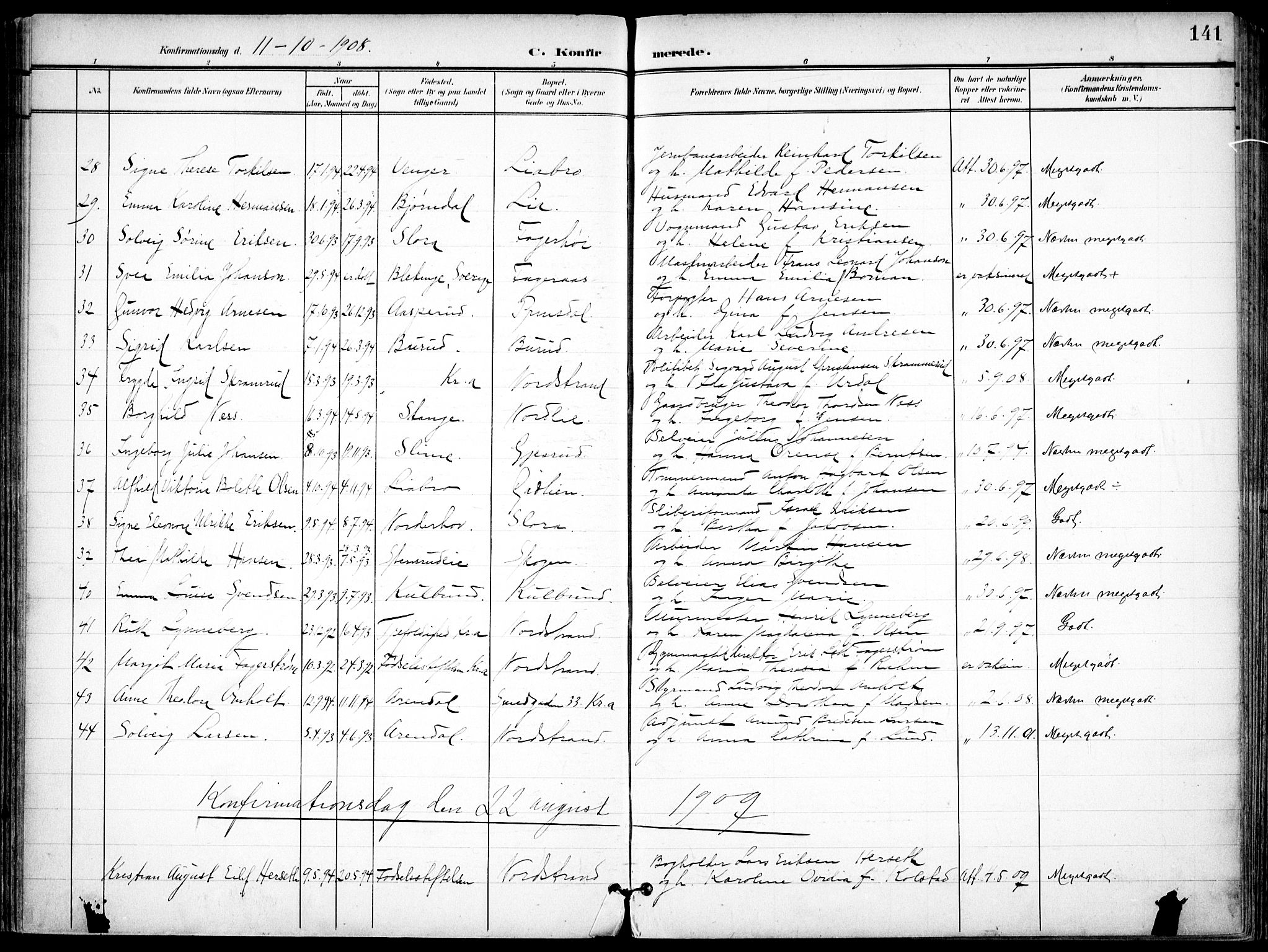Nordstrand prestekontor Kirkebøker, SAO/A-10362a/F/Fa/L0001: Parish register (official) no. I 1, 1900-1914, p. 141
