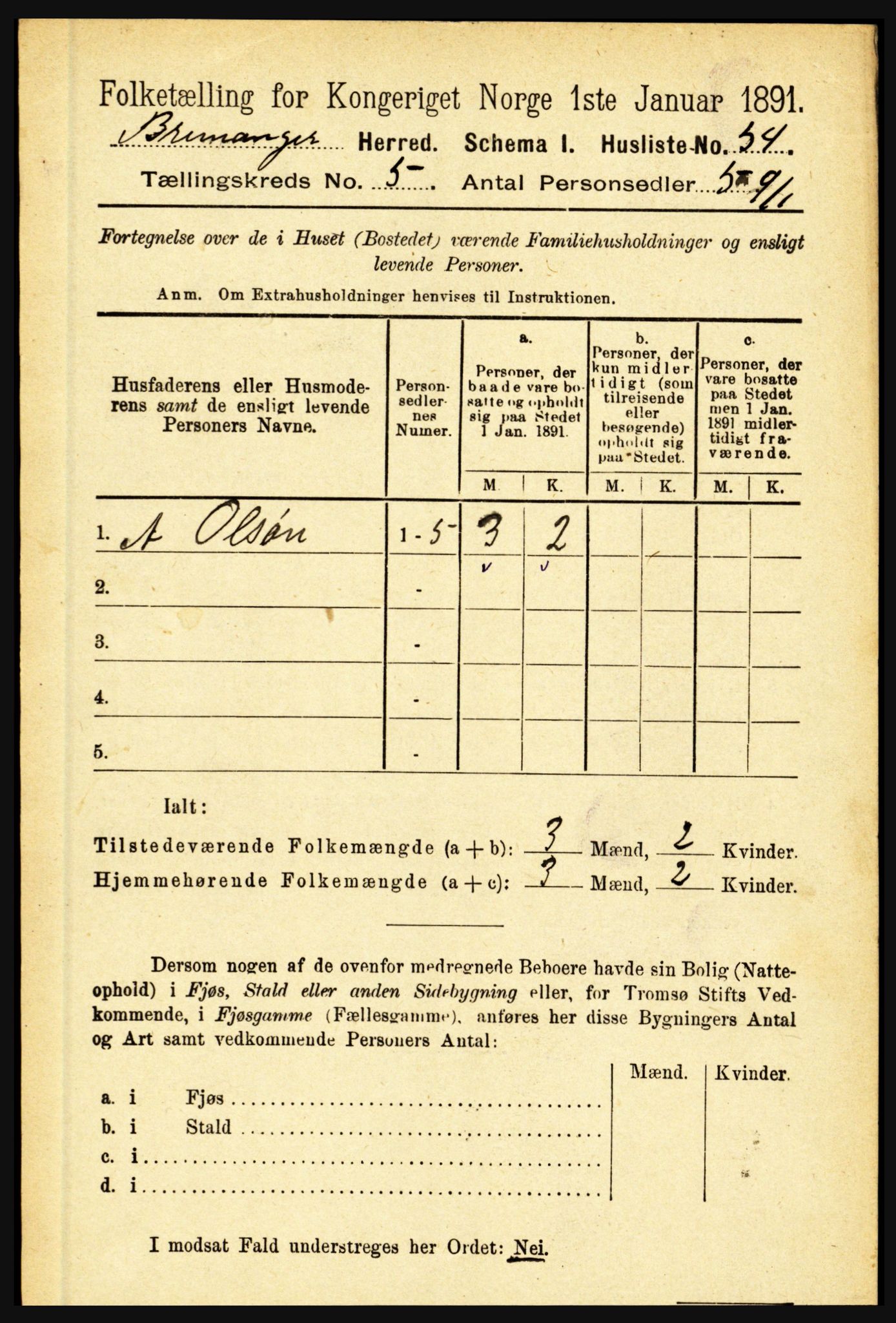 RA, 1891 census for 1438 Bremanger, 1891, p. 1962