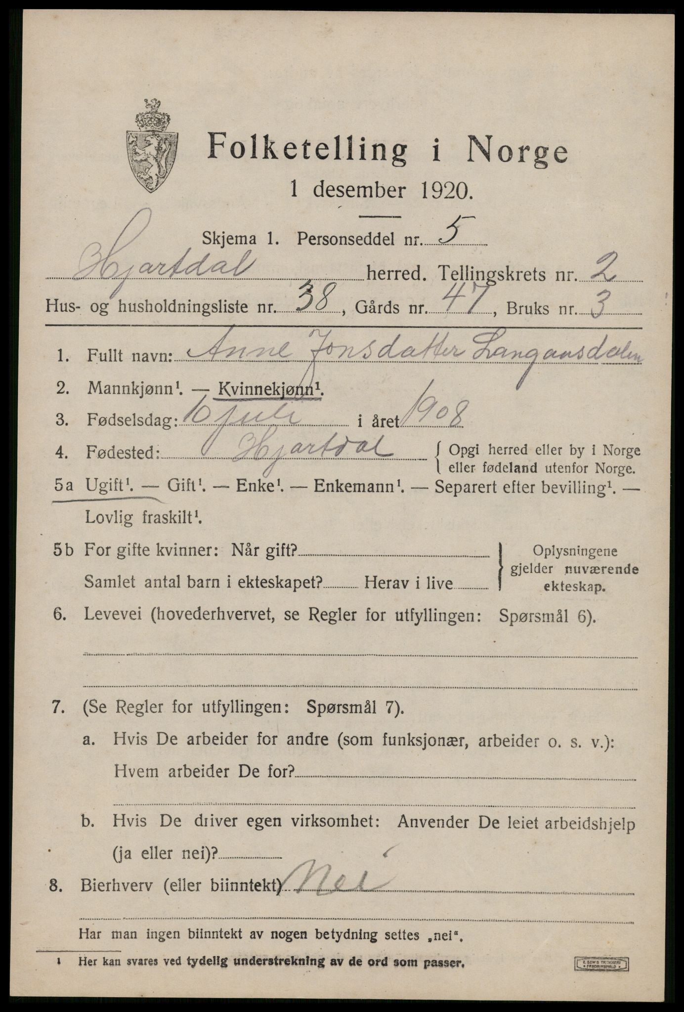 SAKO, 1920 census for Hjartdal, 1920, p. 2226