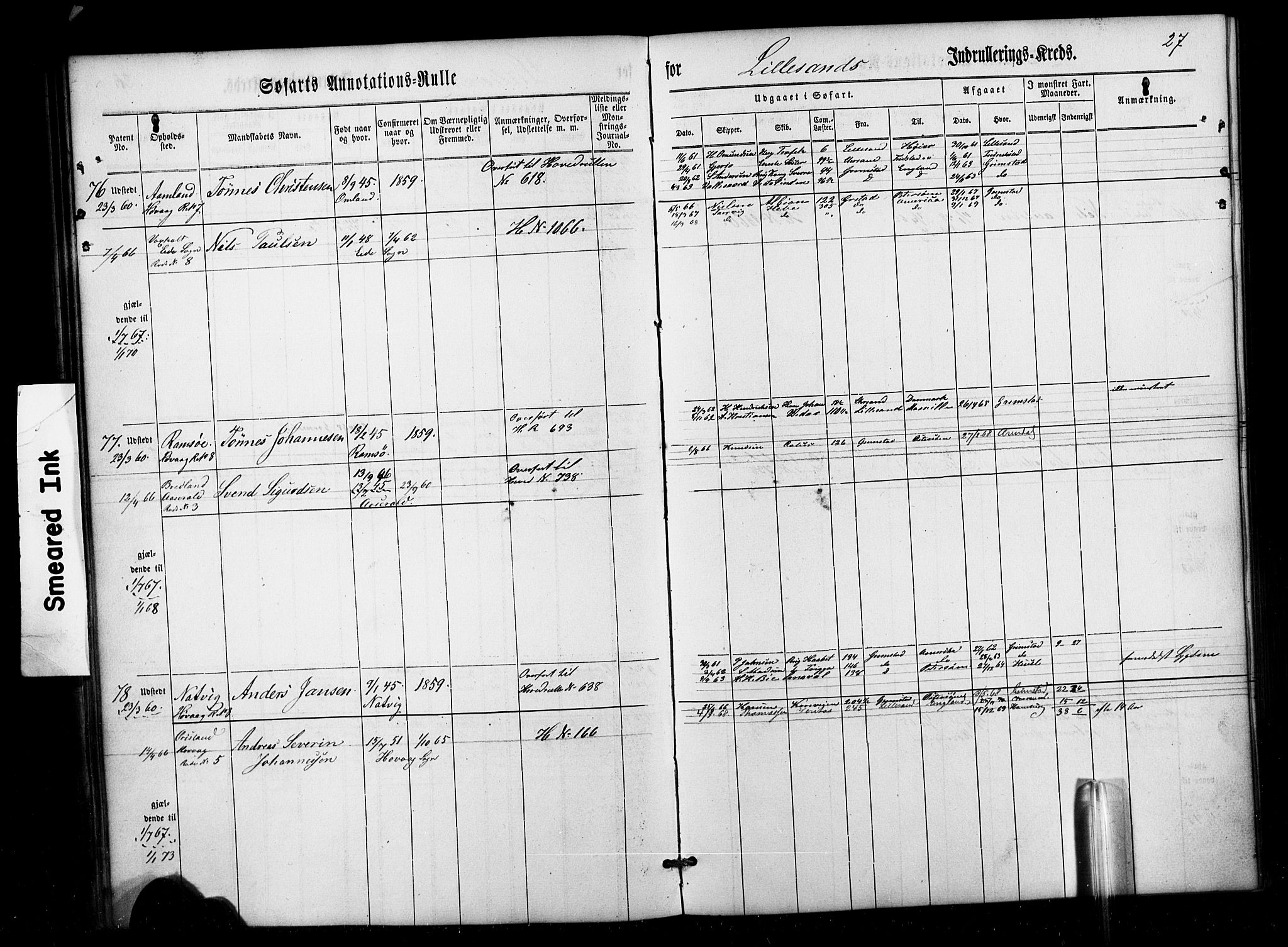 Lillesand mønstringskrets, AV/SAK-2031-0014/F/Fa/L0001: Annotasjonsrulle nr 1-436 med register, W-7, 1860-1872, p. 45