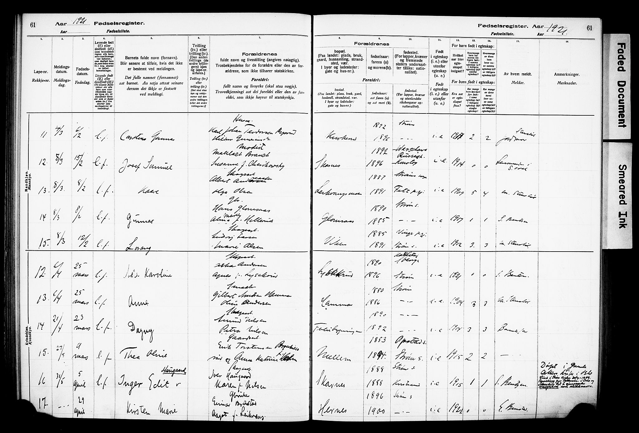 Sør-Odal prestekontor, AV/SAH-PREST-030/I/Id: Birth register no. 1, 1916-1931, p. 61