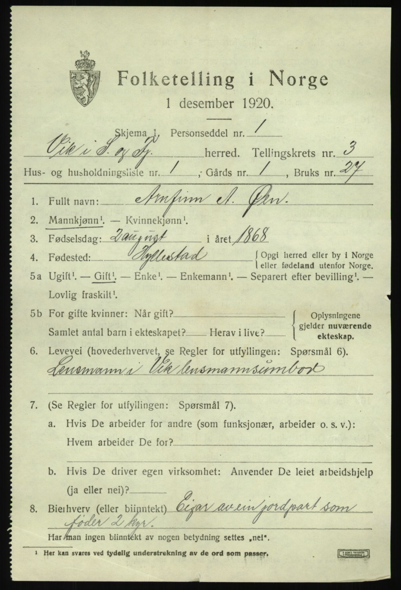 SAB, 1920 census for Vik, 1920, p. 2623