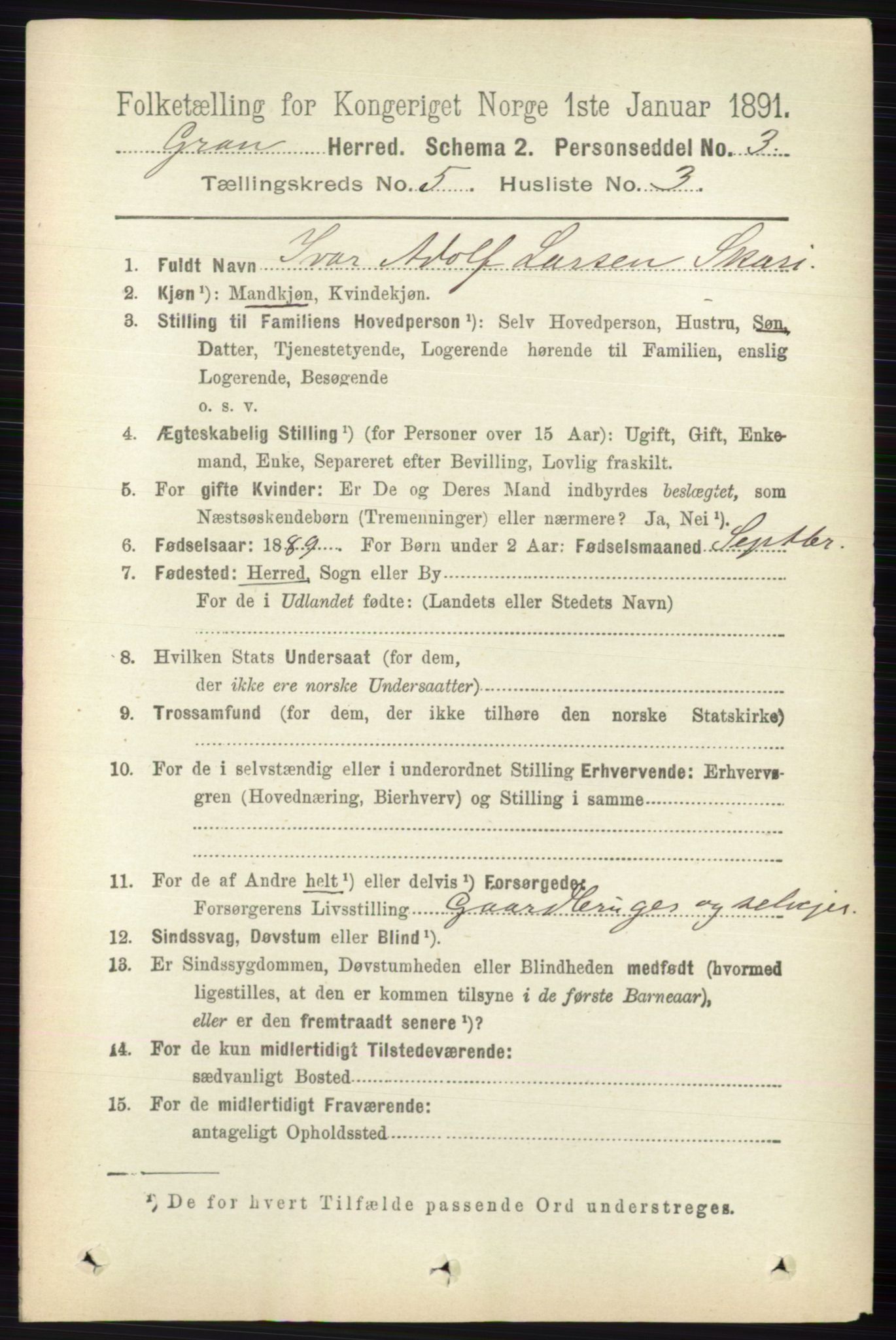 RA, 1891 census for 0534 Gran, 1891, p. 1623