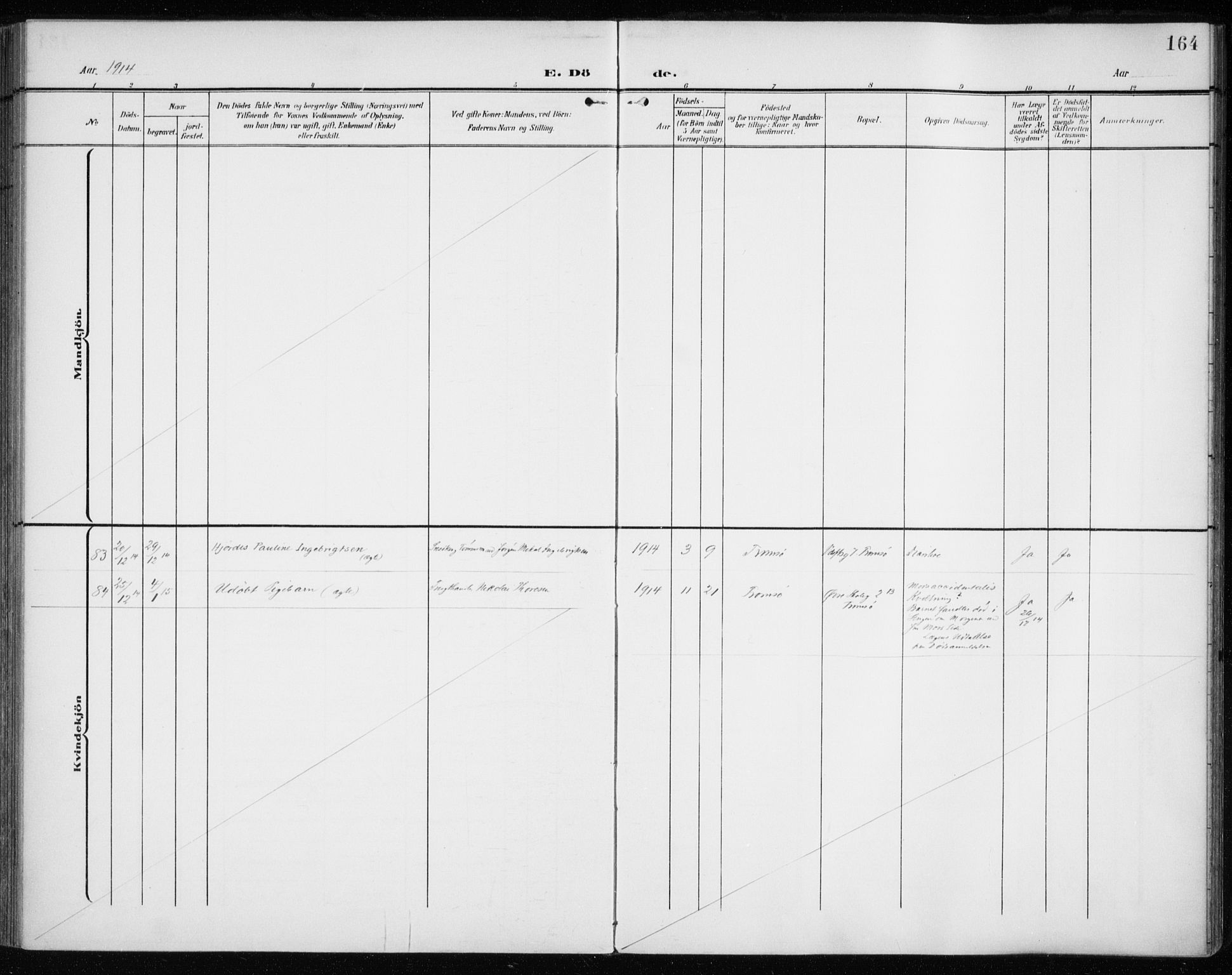 Tromsø sokneprestkontor/stiftsprosti/domprosti, AV/SATØ-S-1343/G/Ga/L0018kirke: Parish register (official) no. 18, 1907-1917, p. 164