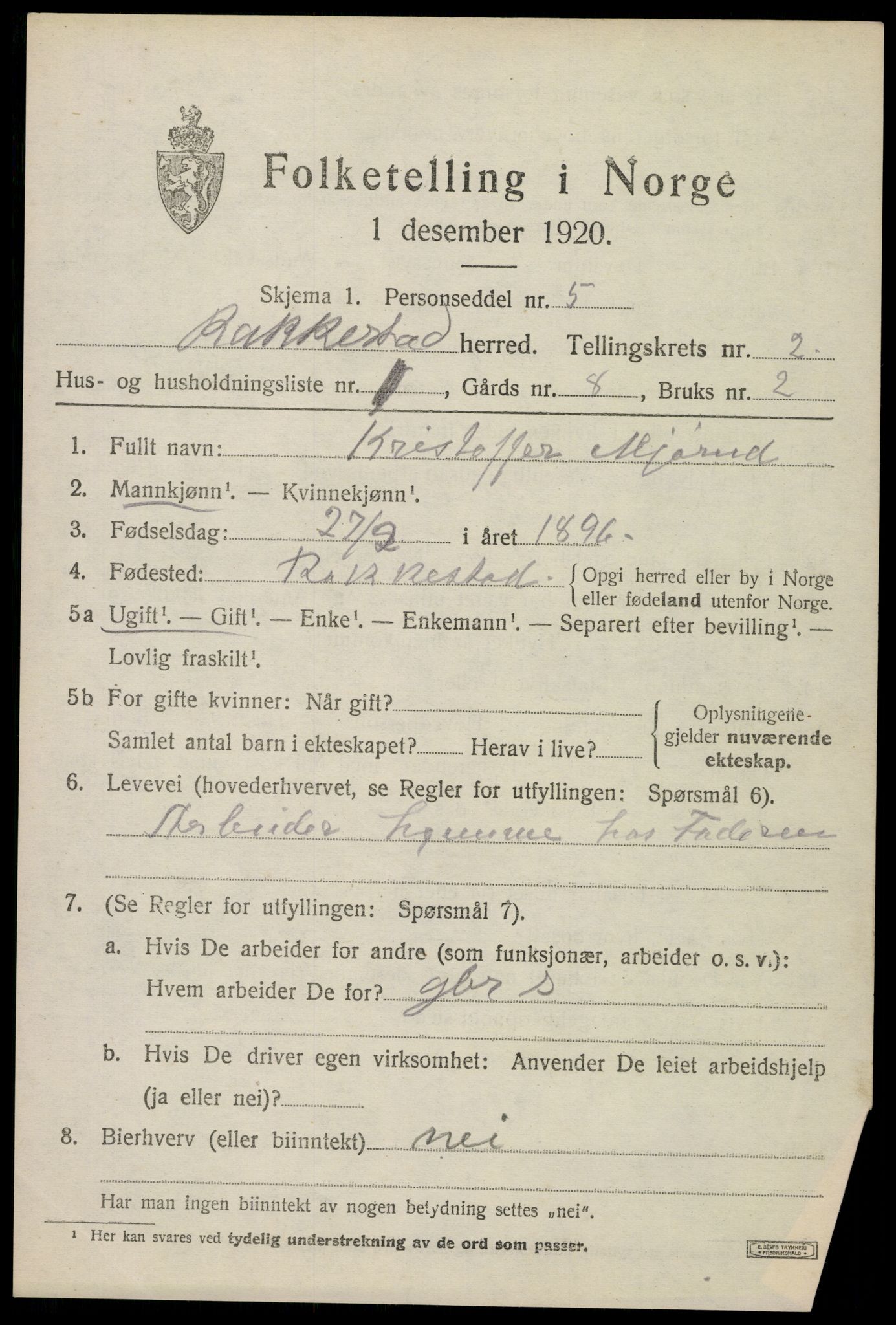 SAO, 1920 census for Rakkestad, 1920, p. 3383