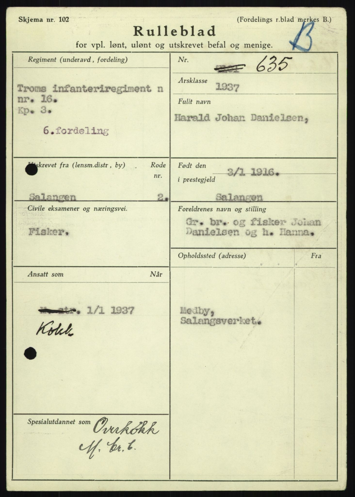 Forsvaret, Troms infanteriregiment nr. 16, AV/RA-RAFA-3146/P/Pa/L0021: Rulleblad for regimentets menige mannskaper, årsklasse 1937, 1937, p. 127