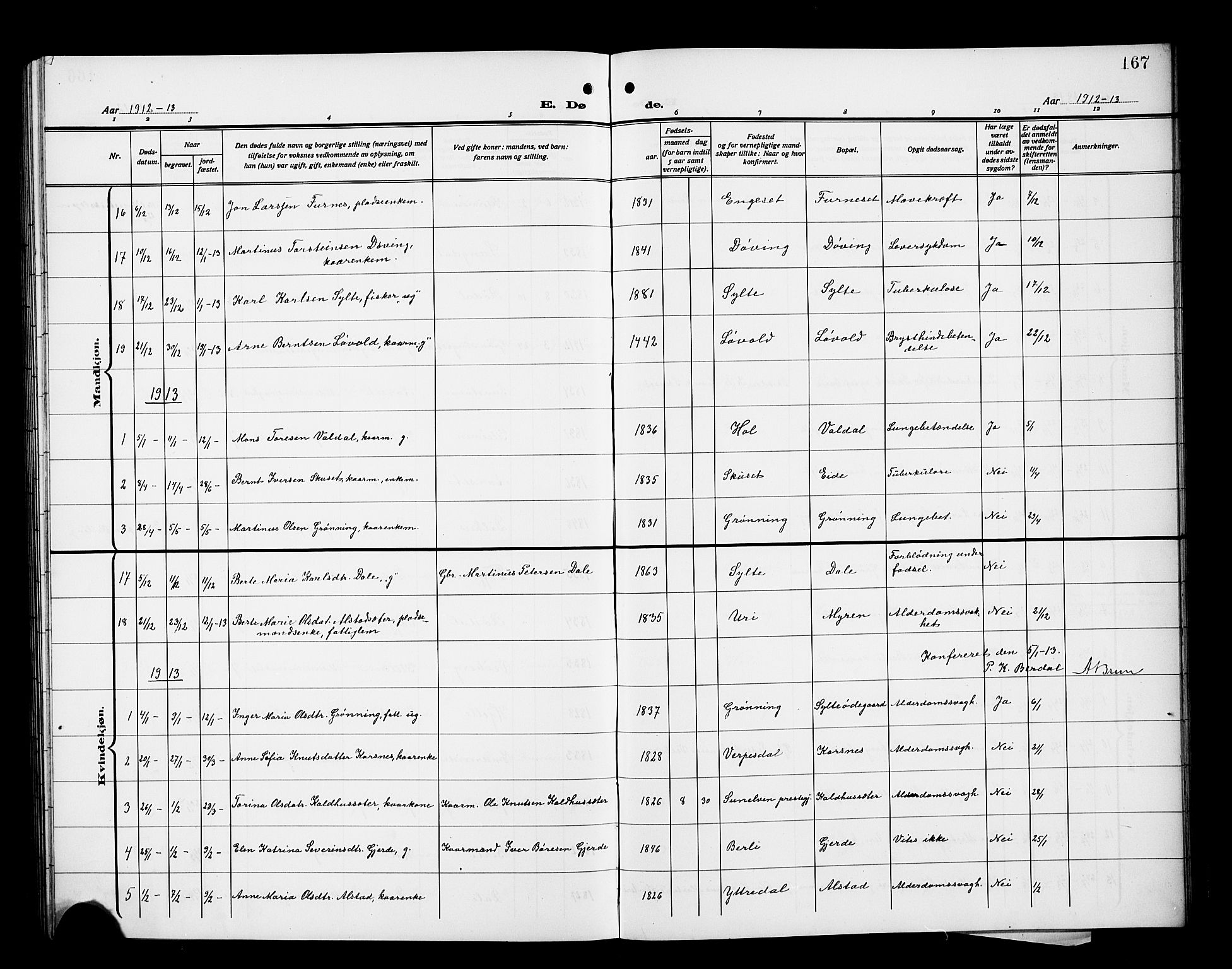 Ministerialprotokoller, klokkerbøker og fødselsregistre - Møre og Romsdal, SAT/A-1454/519/L0265: Parish register (copy) no. 519C06, 1911-1921, p. 167