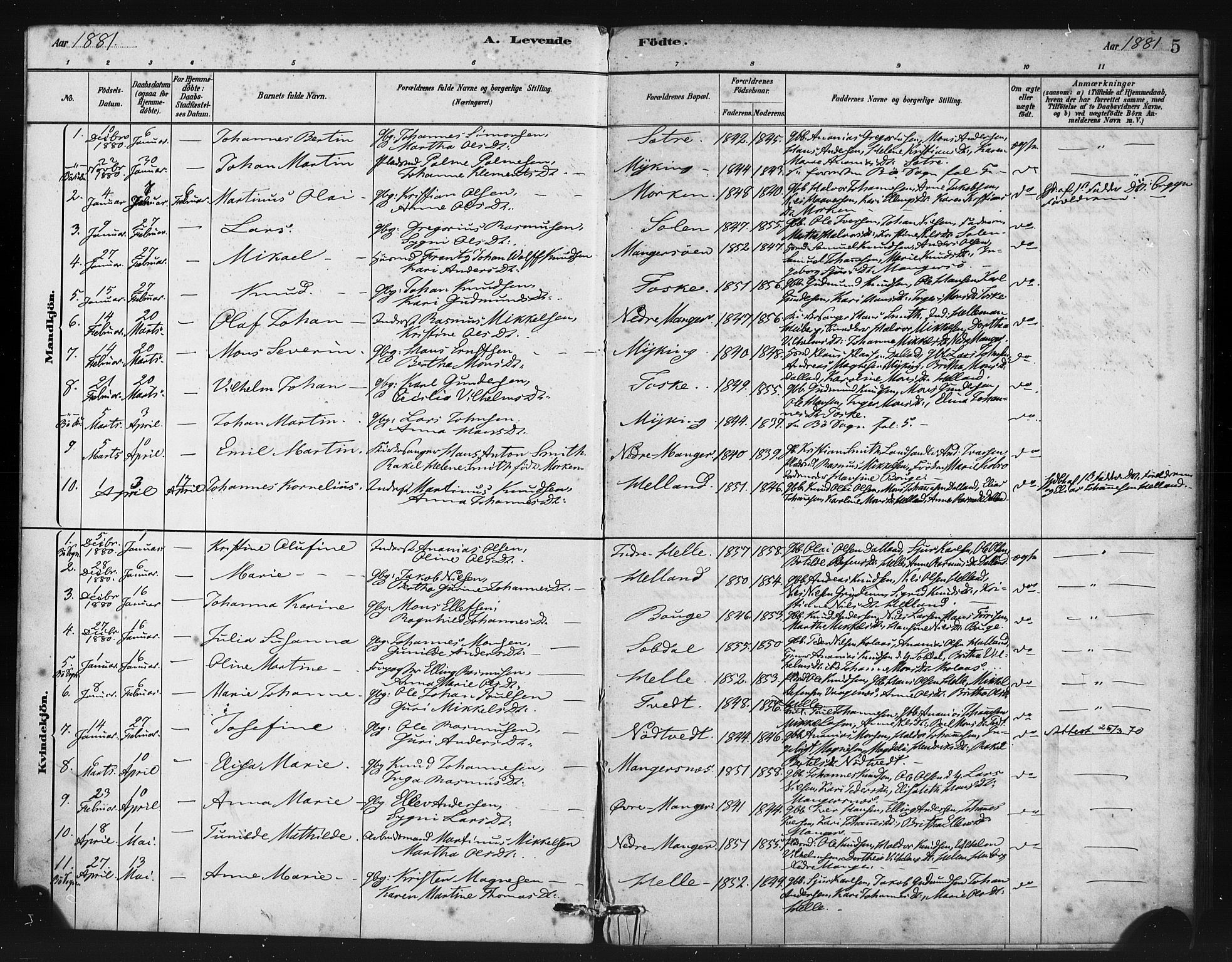 Manger sokneprestembete, SAB/A-76801/H/Haa: Parish register (official) no. B 1, 1881-1892, p. 5