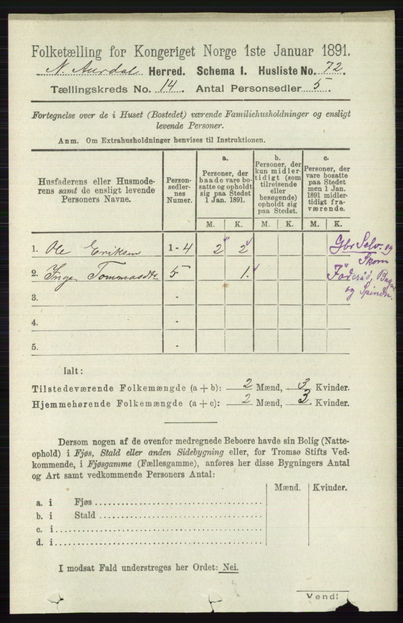 RA, 1891 census for 0542 Nord-Aurdal, 1891, p. 5208