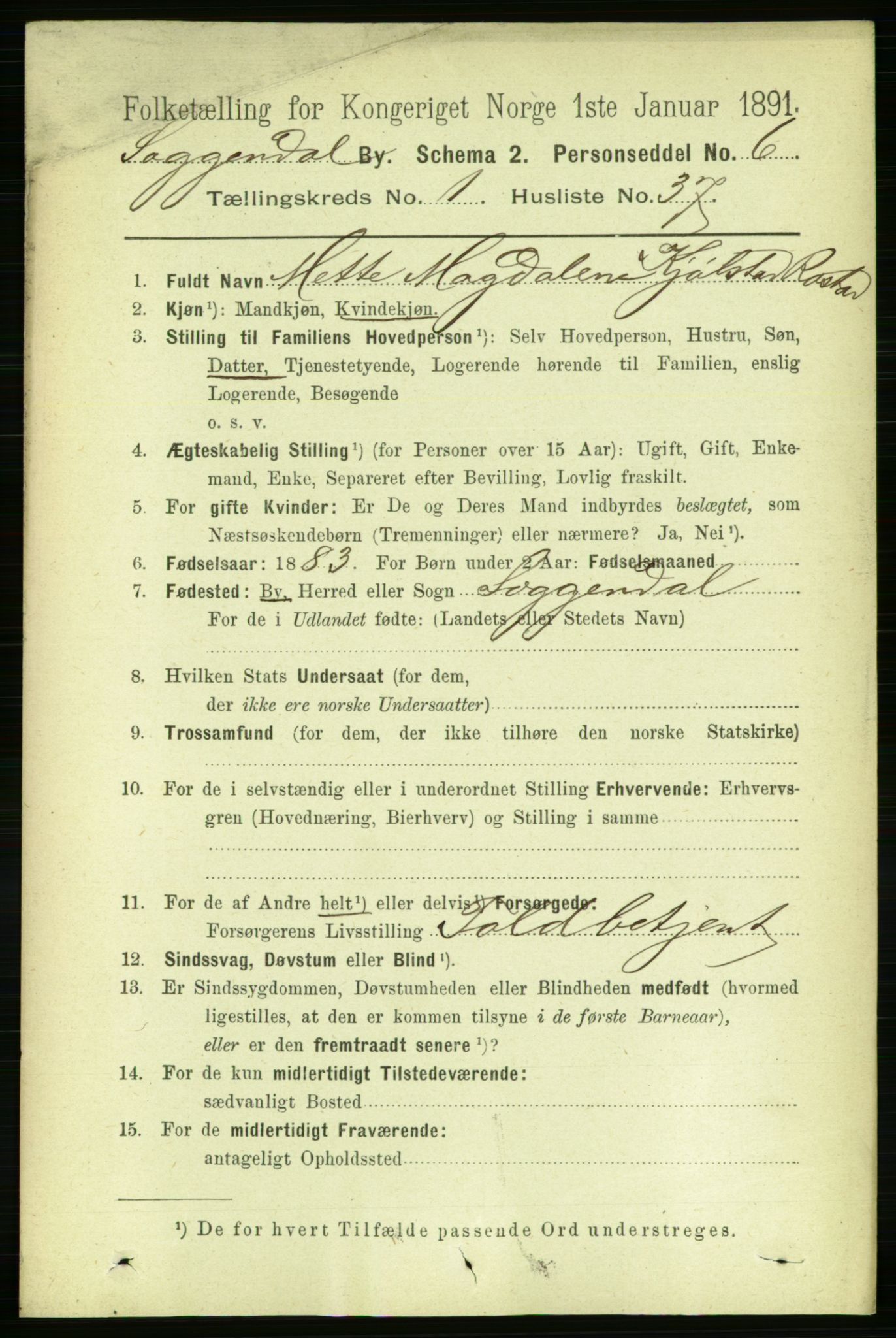 RA, 1891 census for 1107 Sokndal, 1891, p. 214