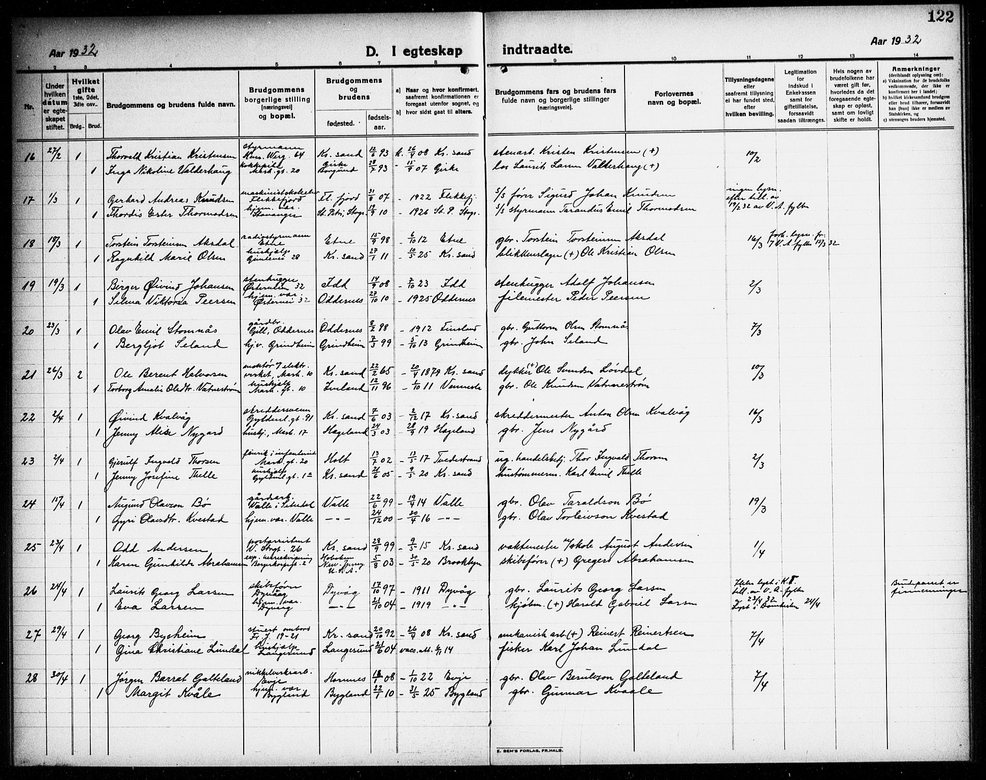 Kristiansand domprosti, AV/SAK-1112-0006/F/Fb/L0023: Parish register (copy) no. B 23, 1921-1937, p. 122