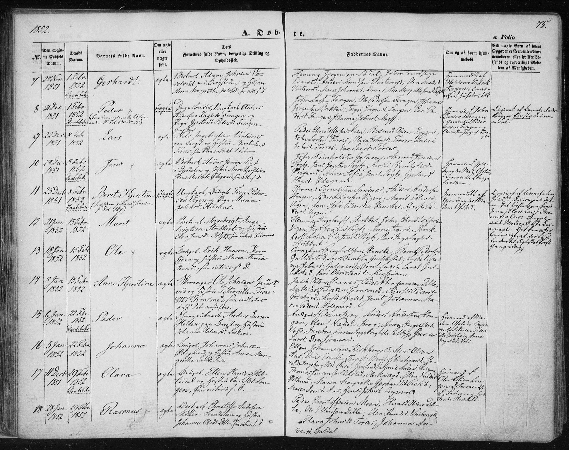 Ministerialprotokoller, klokkerbøker og fødselsregistre - Sør-Trøndelag, SAT/A-1456/681/L0931: Parish register (official) no. 681A09, 1845-1859, p. 75