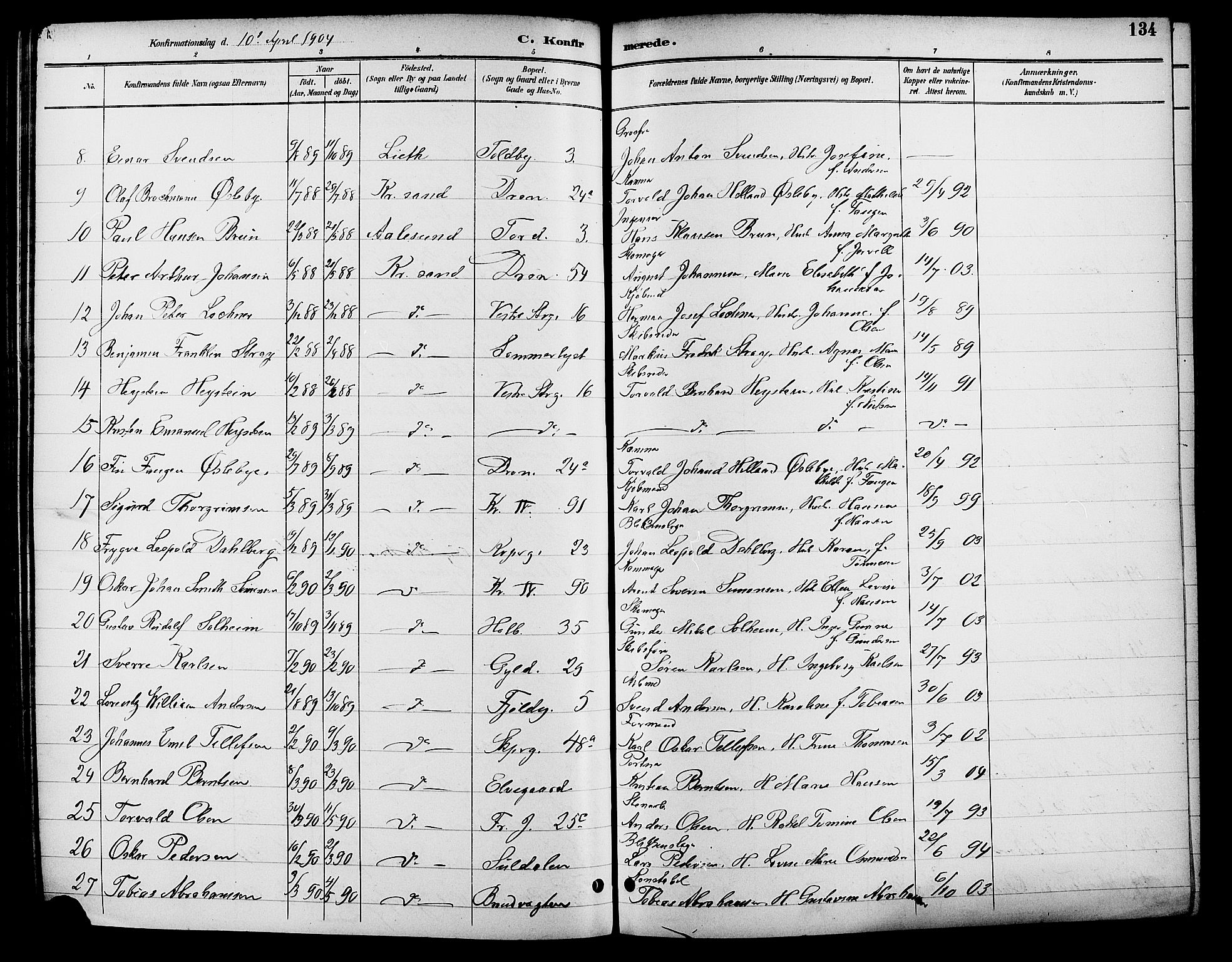 Kristiansand domprosti, AV/SAK-1112-0006/F/Fb/L0017: Parish register (copy) no. B 17, 1893-1906, p. 134