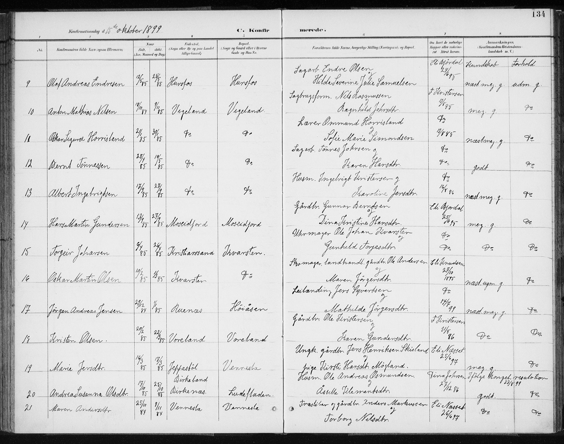 Vennesla sokneprestkontor, SAK/1111-0045/Fa/Fab/L0005: Parish register (official) no. A 5, 1897-1909, p. 134