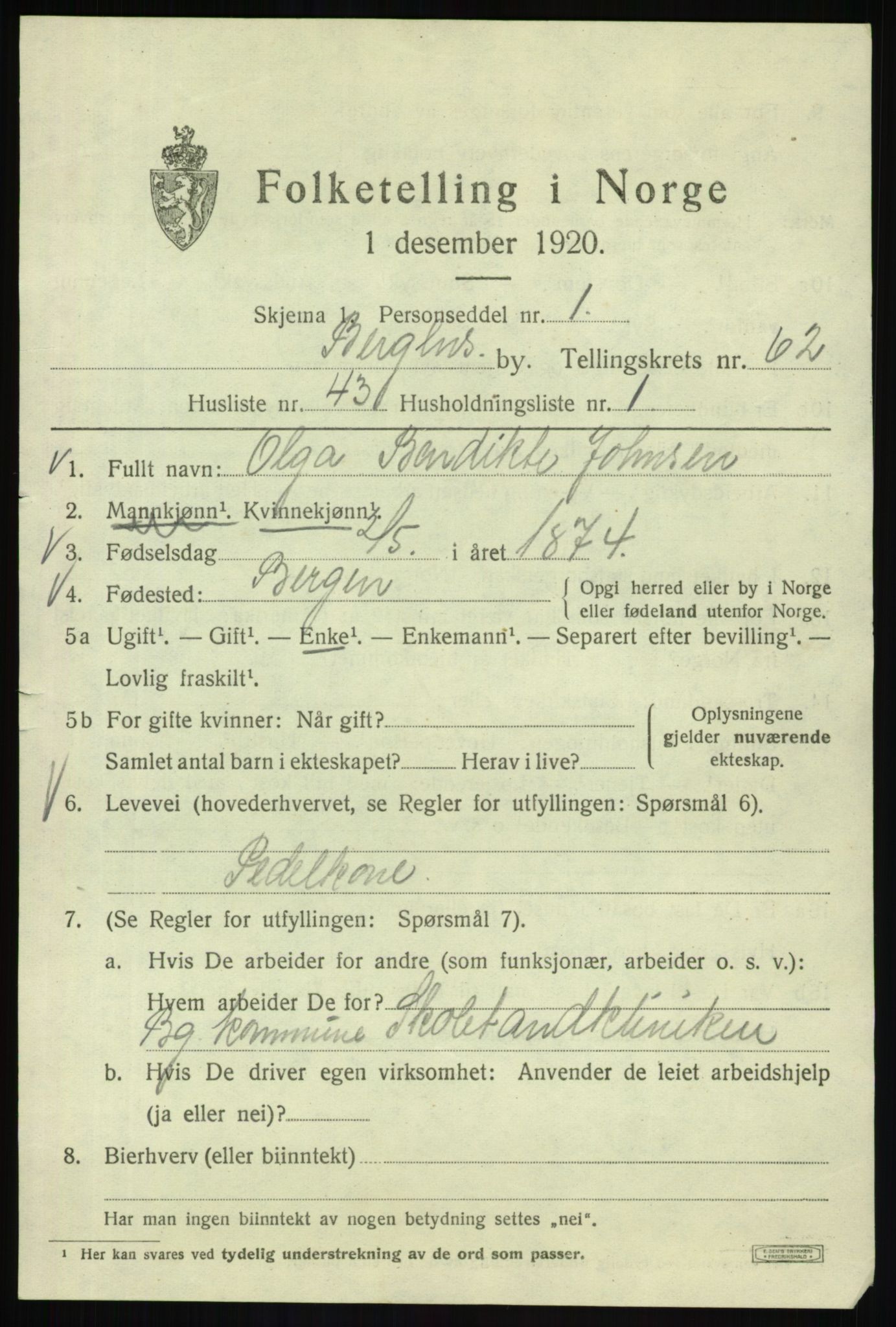 SAB, 1920 census for Bergen, 1920, p. 131594