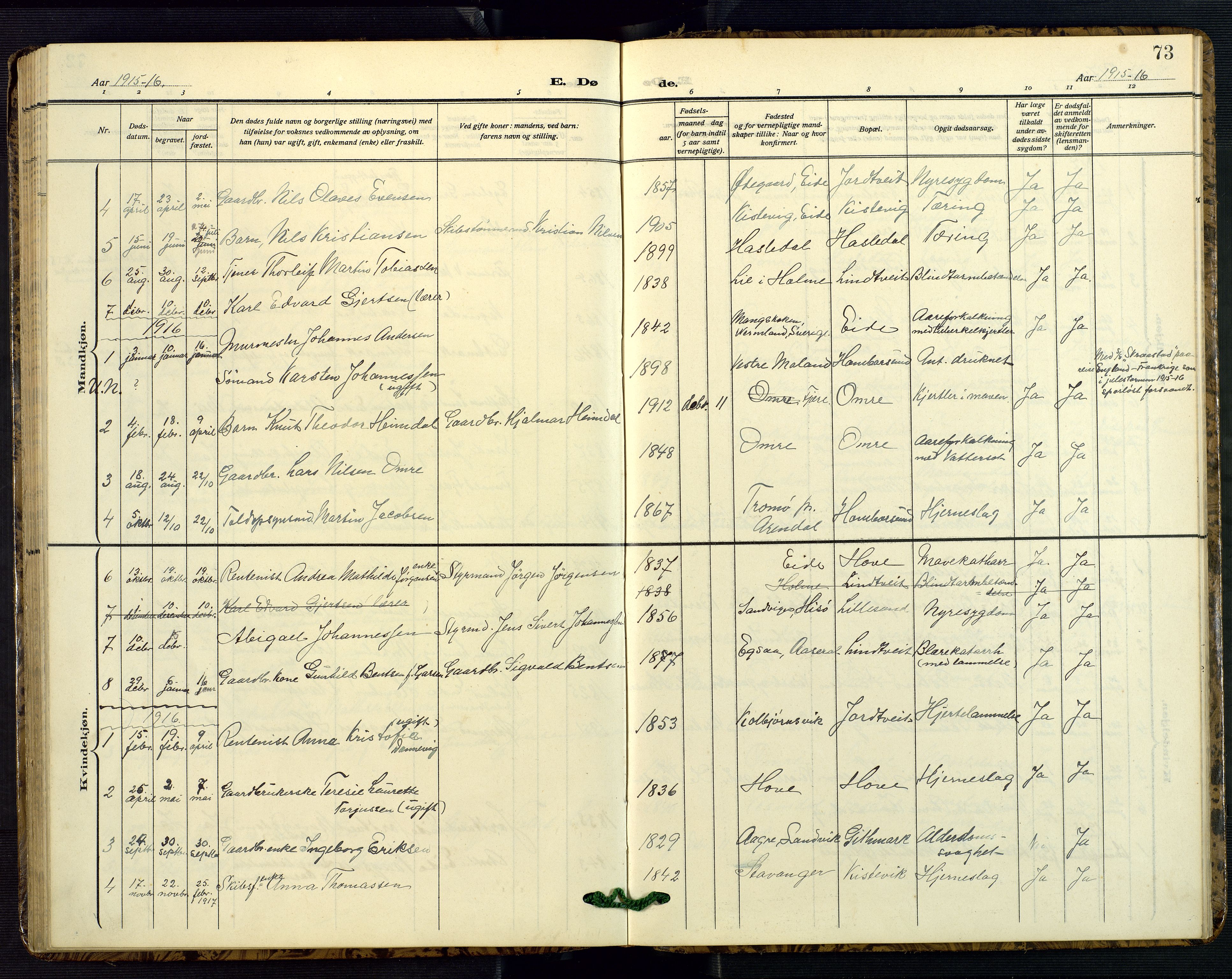 Hommedal sokneprestkontor, SAK/1111-0023/F/Fb/Fba/L0005: Parish register (copy) no. B 5, 1909-1957, p. 73