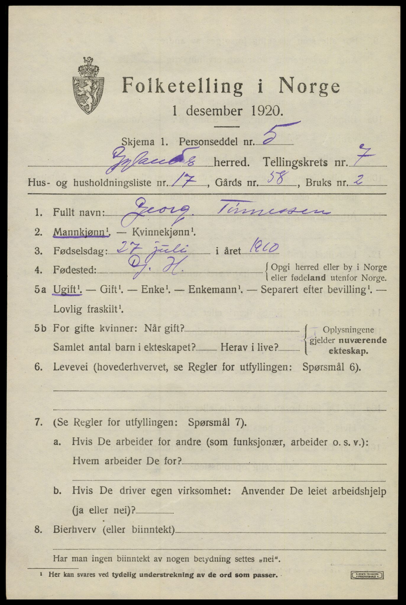 SAK, 1920 census for Gyland, 1920, p. 1632