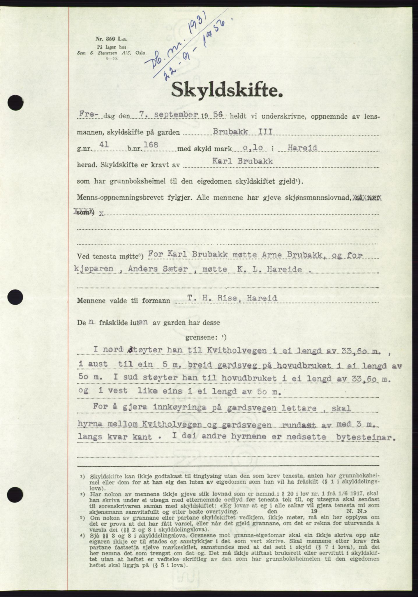 Søre Sunnmøre sorenskriveri, AV/SAT-A-4122/1/2/2C/L0104: Mortgage book no. 30A, 1956-1956, Diary no: : 1931/1956