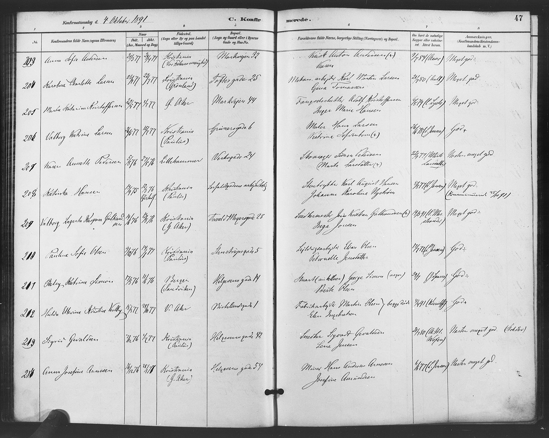 Paulus prestekontor Kirkebøker, AV/SAO-A-10871/F/Fa/L0006: Parish register (official) no. 6, 1889-1896, p. 47