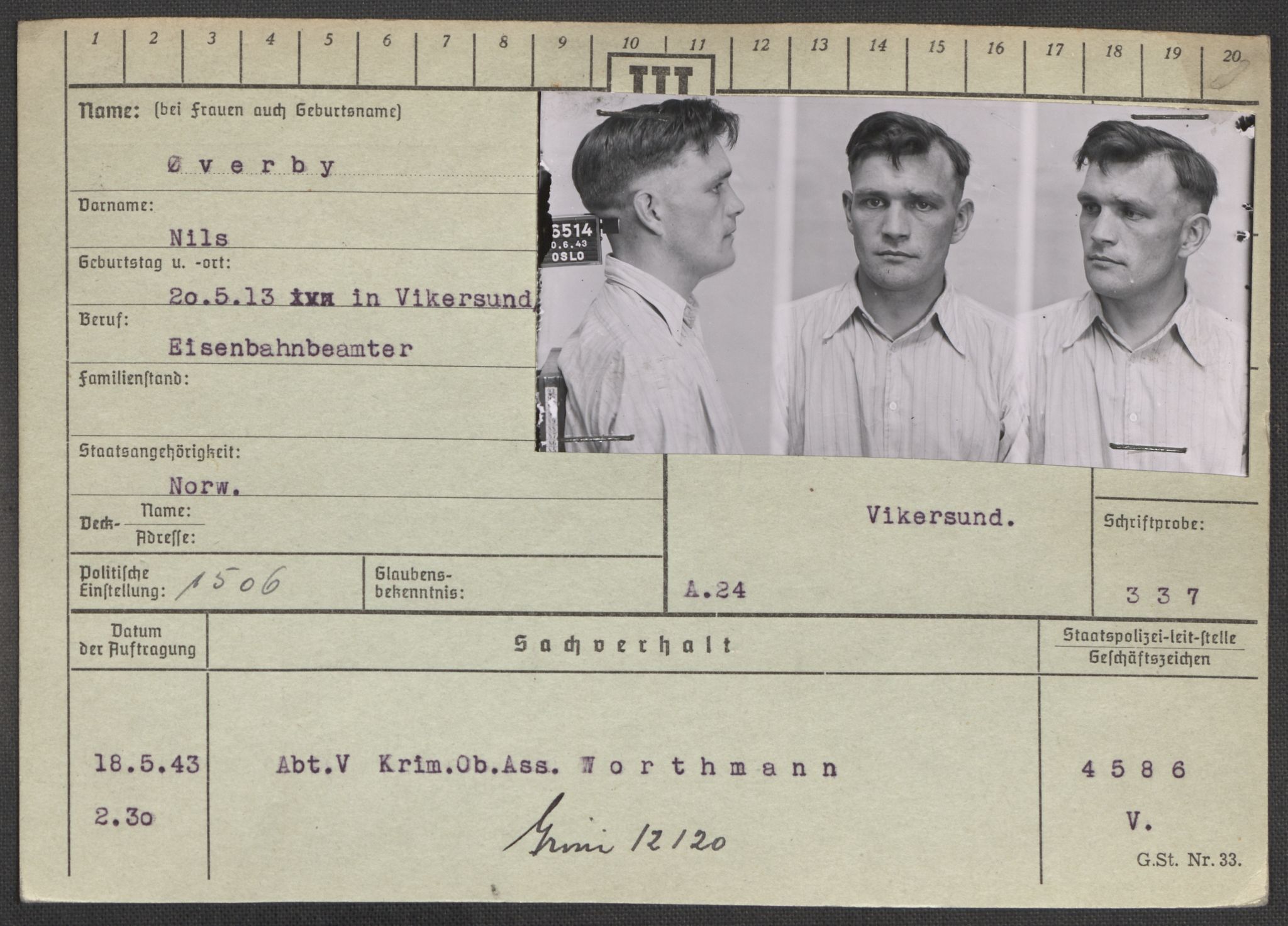 Befehlshaber der Sicherheitspolizei und des SD, AV/RA-RAFA-5969/E/Ea/Eaa/L0010: Register over norske fanger i Møllergata 19: Sø-Å, 1940-1945, p. 1332