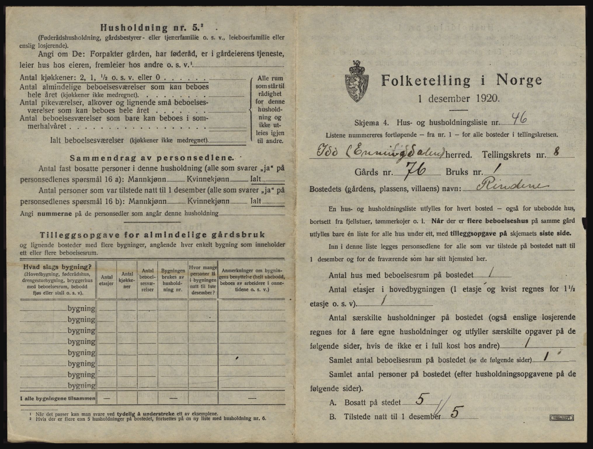 SAO, 1920 census for Idd, 1920, p. 1254