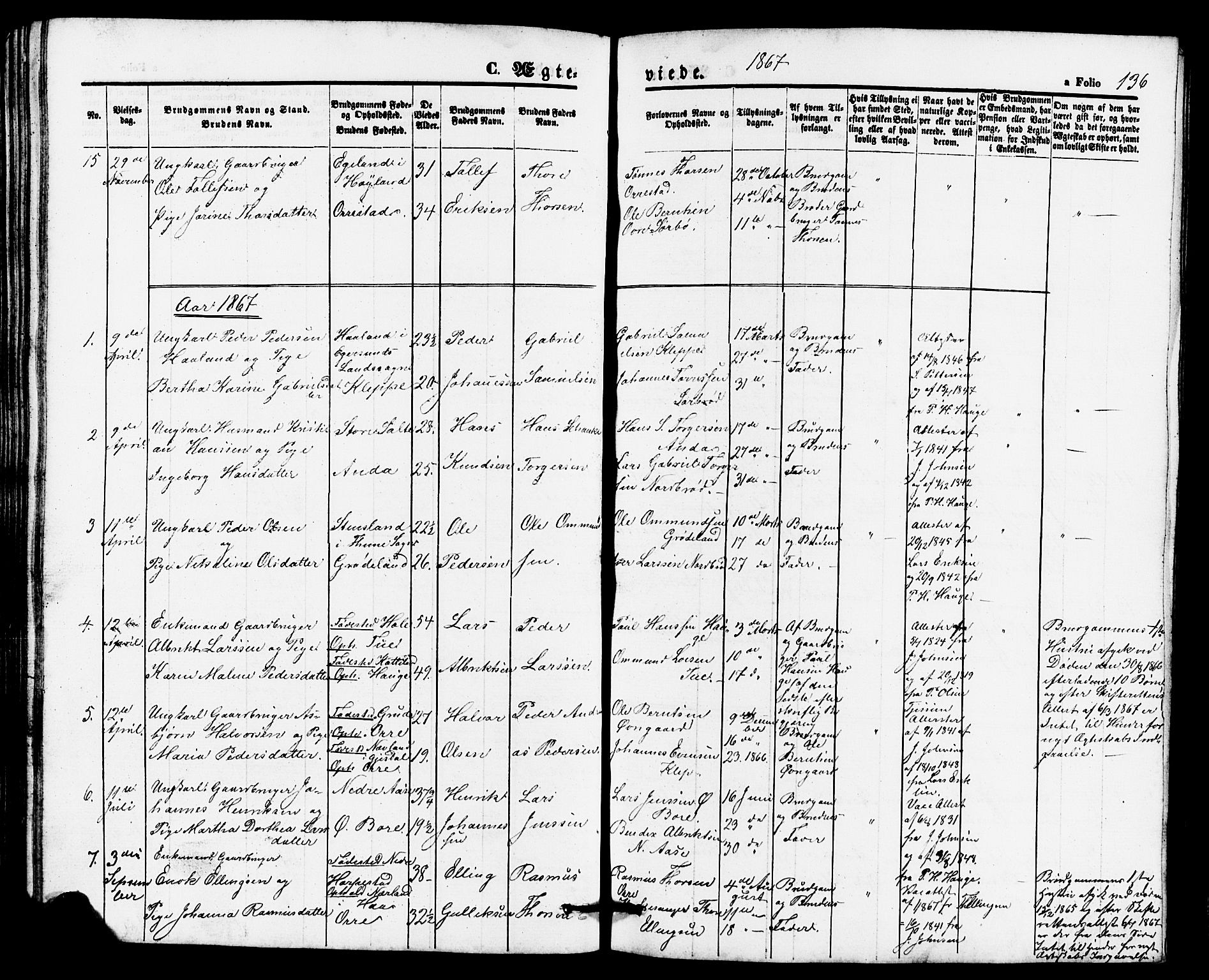 Klepp sokneprestkontor, SAST/A-101803/001/3/30BB/L0002: Parish register (copy) no. B 2, 1860-1875, p. 136