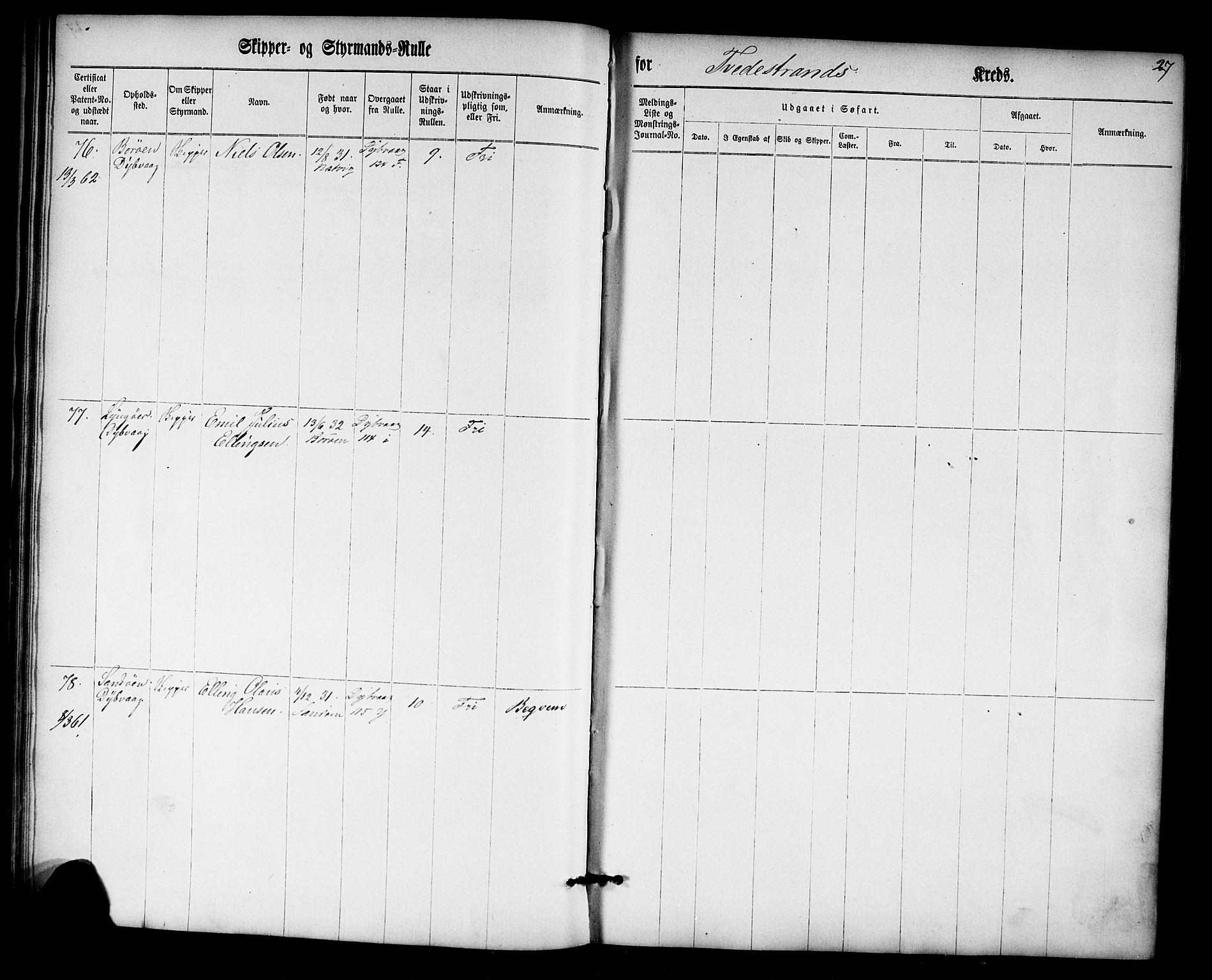 Tvedestrand mønstringskrets, SAK/2031-0011/F/Fc/L0001: Skipper- og styrmannsrulle nr 1-435, U-43, 1860-1867, p. 44