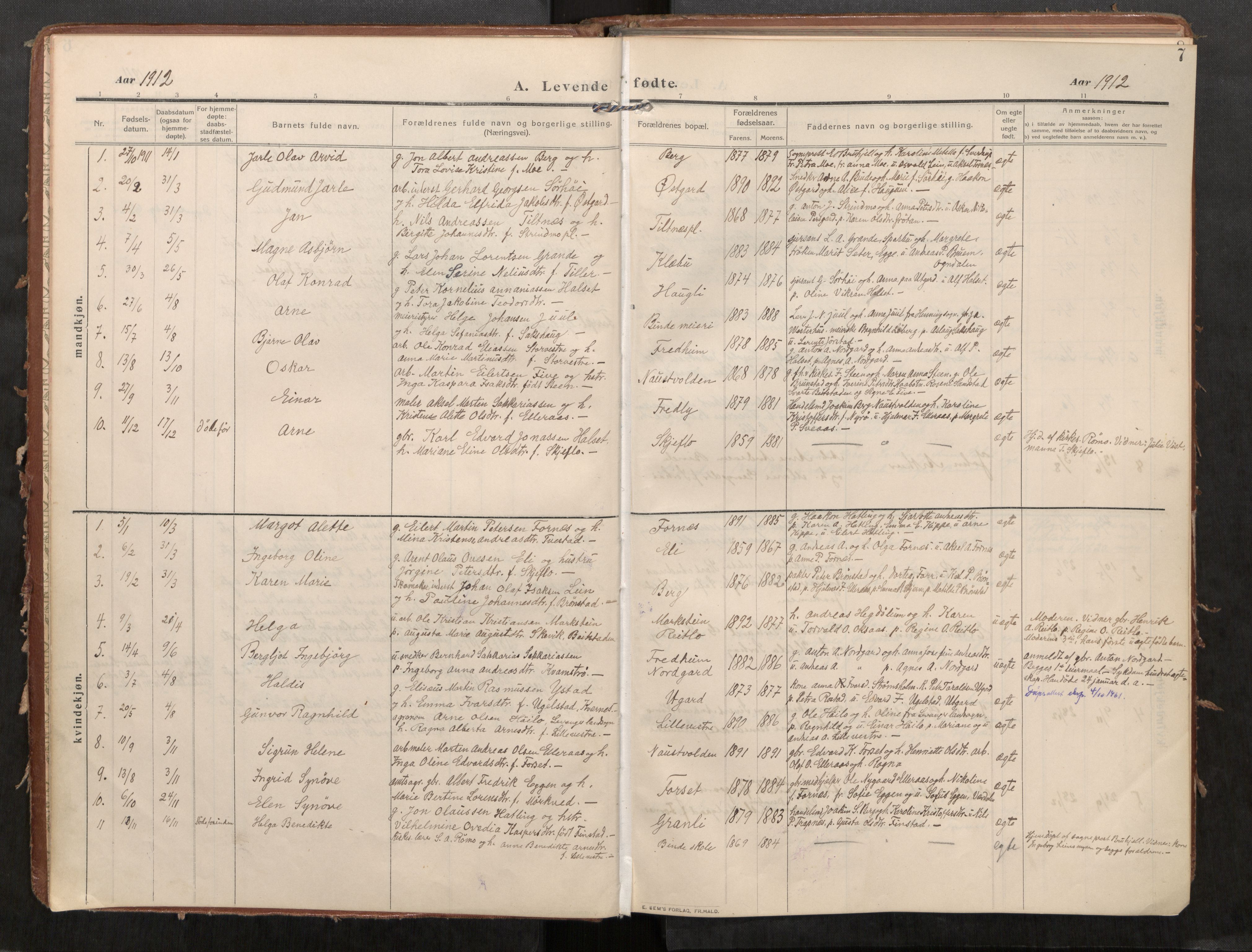 Stod sokneprestkontor, SAT/A-1164/1/I/I1/I1a/L0002: Parish register (official) no. 2, 1909-1922, p. 7