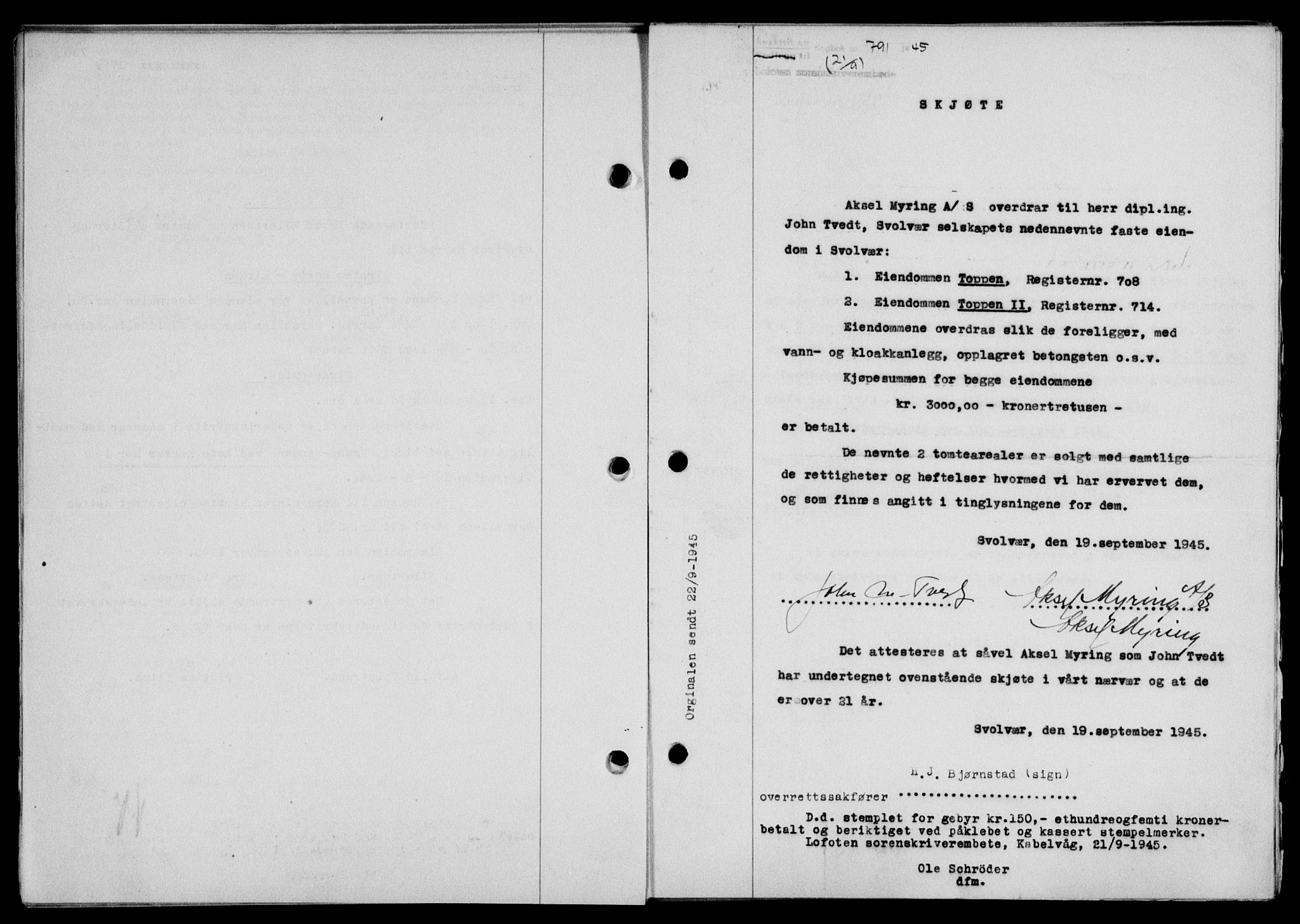 Lofoten sorenskriveri, SAT/A-0017/1/2/2C/L0013a: Mortgage book no. 13a, 1944-1946, Diary no: : 791/1945