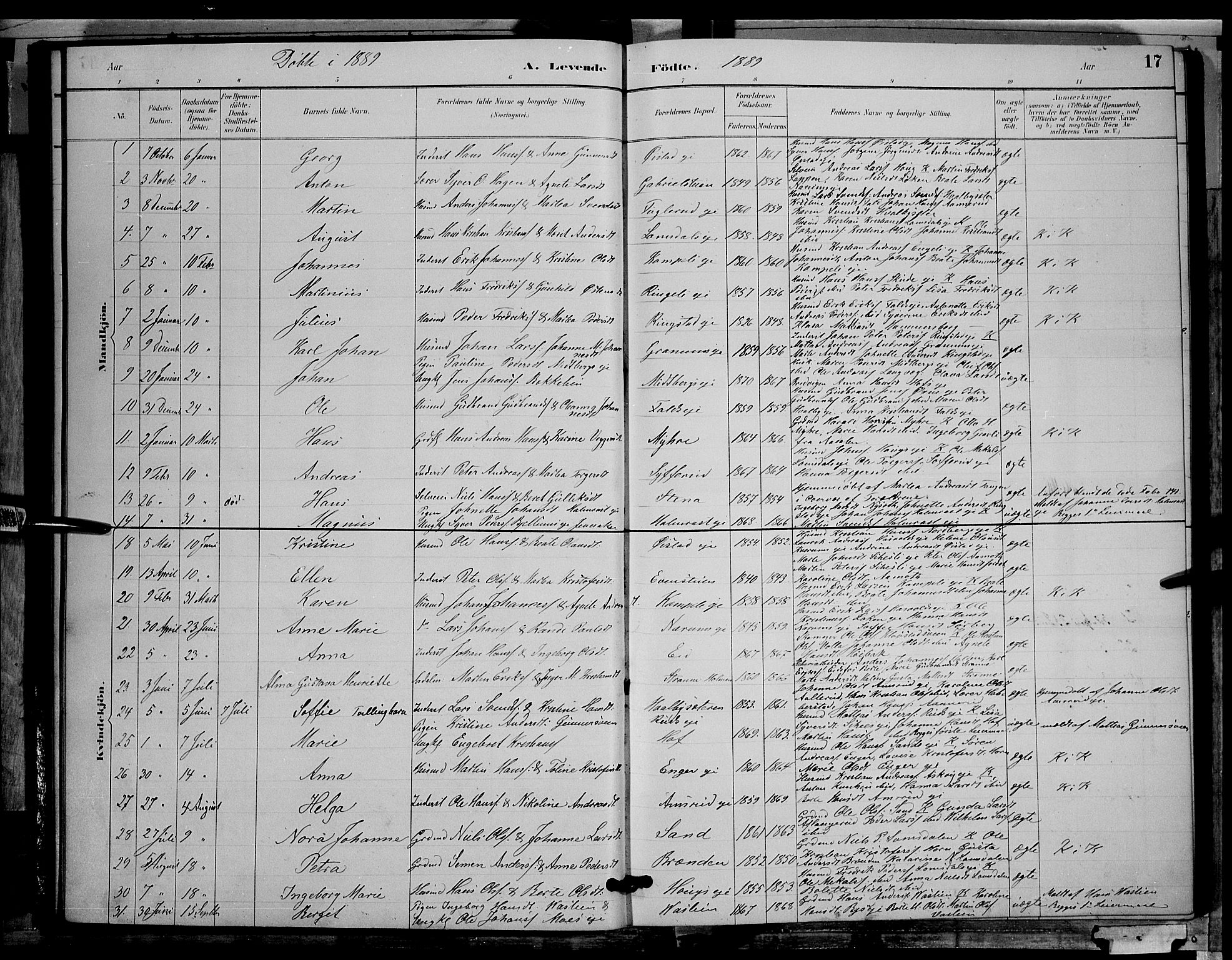 Søndre Land prestekontor, SAH/PREST-122/L/L0002: Parish register (copy) no. 2, 1884-1900, p. 17