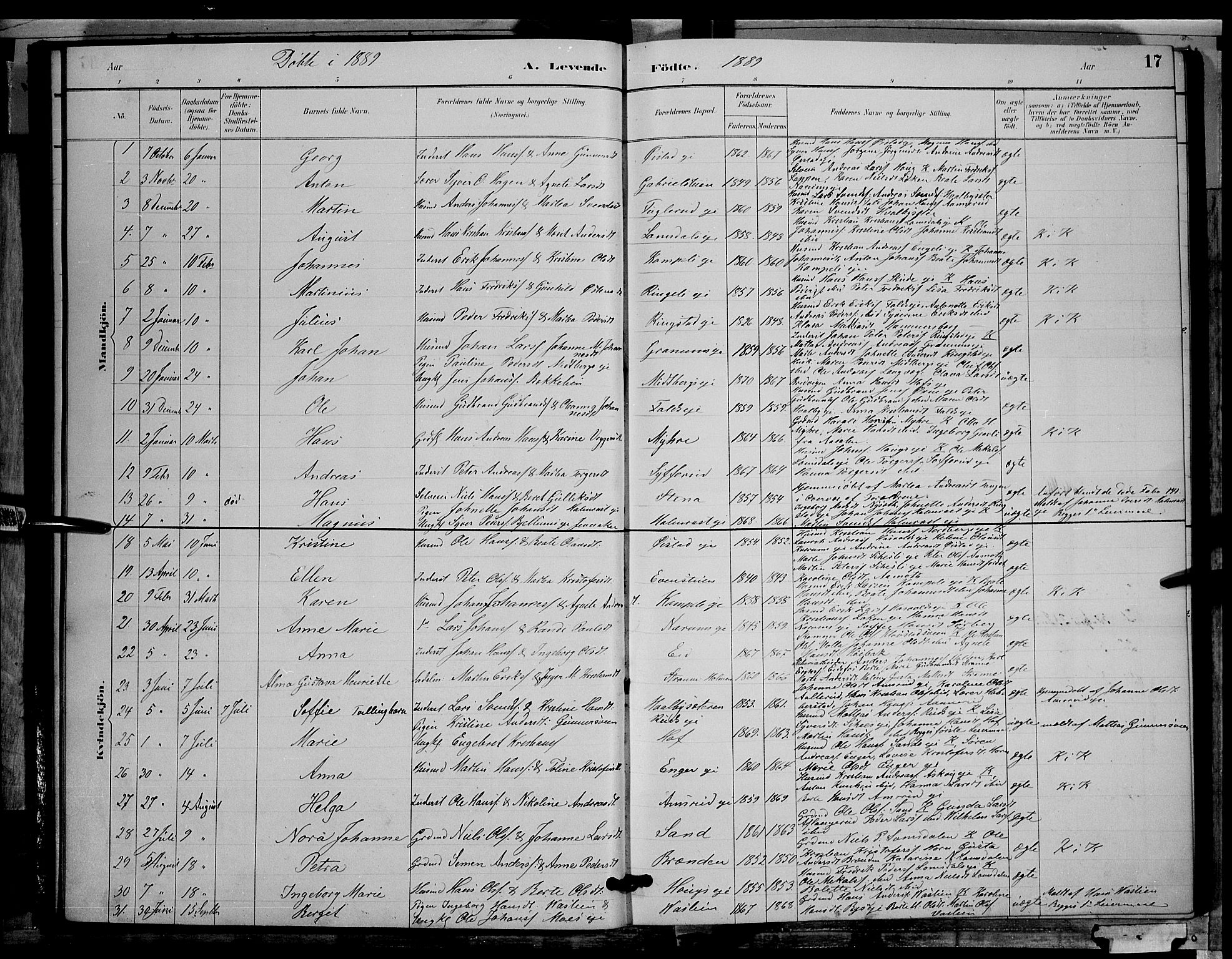 Søndre Land prestekontor, AV/SAH-PREST-122/L/L0002: Parish register (copy) no. 2, 1884-1900, p. 17