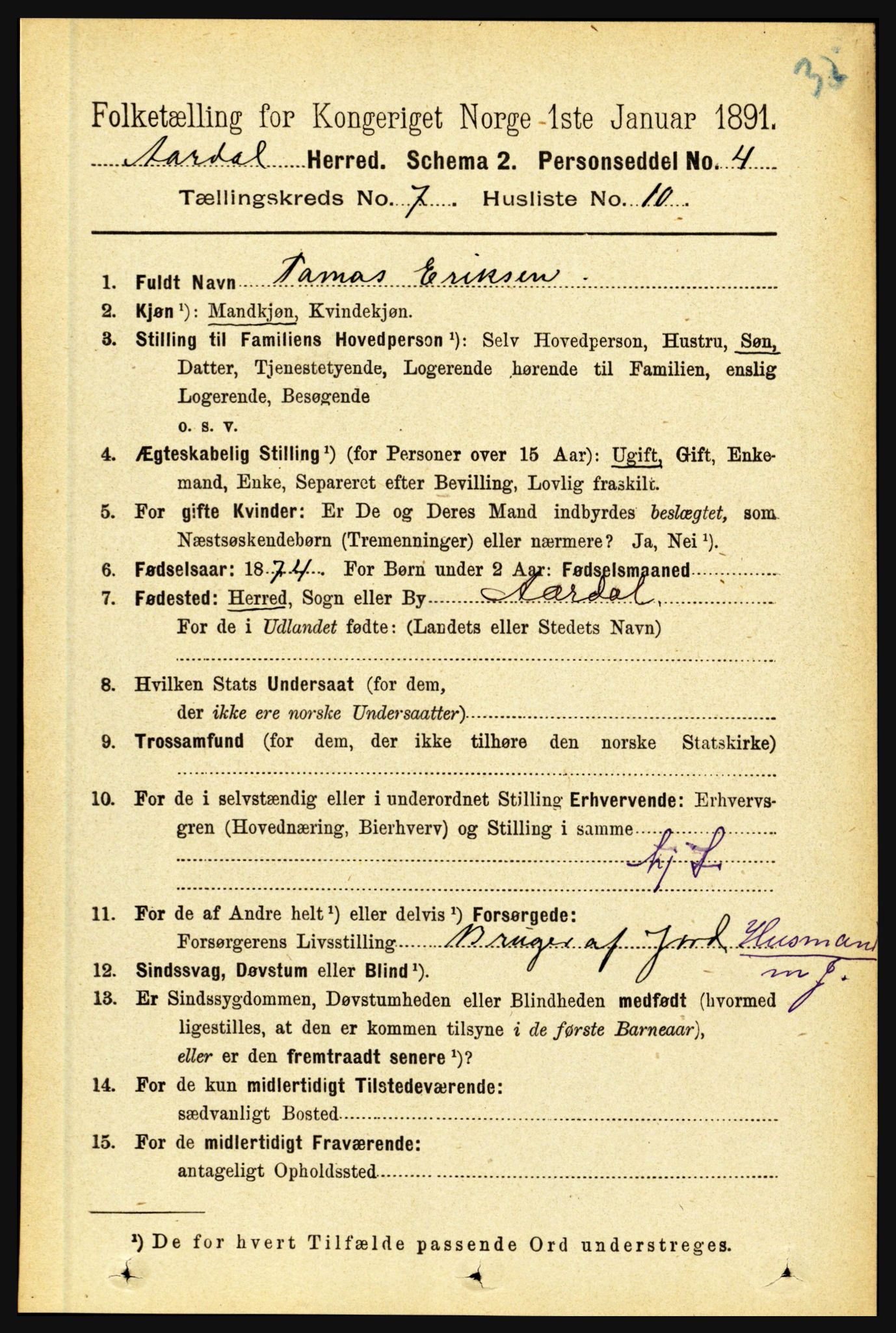 RA, 1891 census for 1424 Årdal, 1891, p. 1530