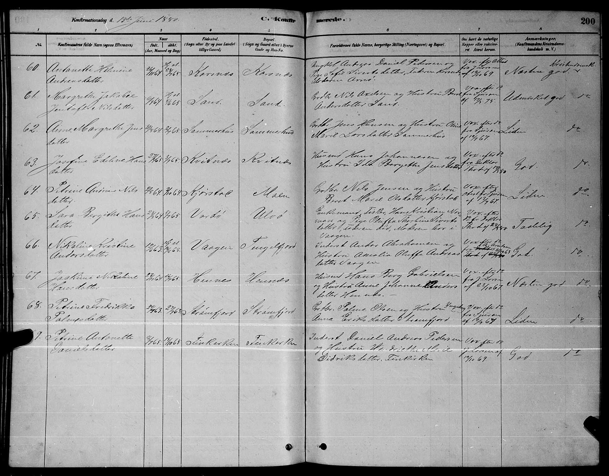 Ministerialprotokoller, klokkerbøker og fødselsregistre - Nordland, AV/SAT-A-1459/888/L1267: Parish register (copy) no. 888C05, 1878-1890, p. 200