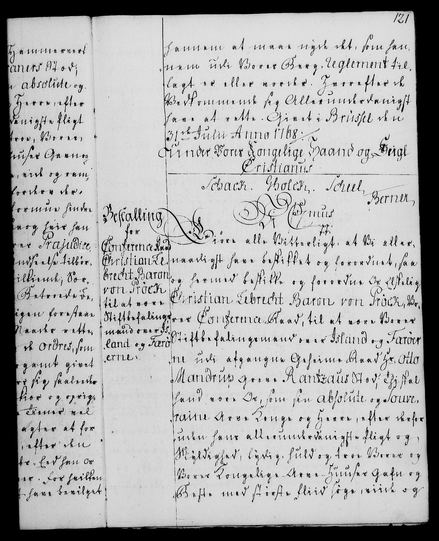 Rentekammeret, Kammerkanselliet, RA/EA-3111/G/Gg/Gge/L0004: Norsk bestallingsprotokoll med register (merket RK 53.28), 1762-1771, p. 121