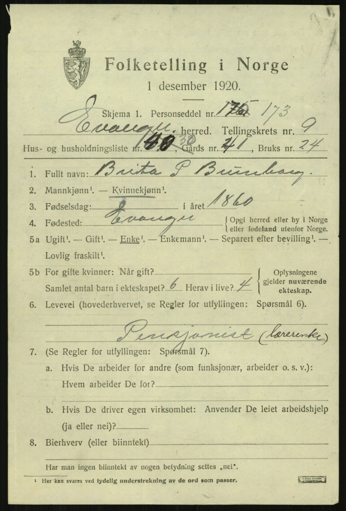SAB, 1920 census for Evanger, 1920, p. 3021