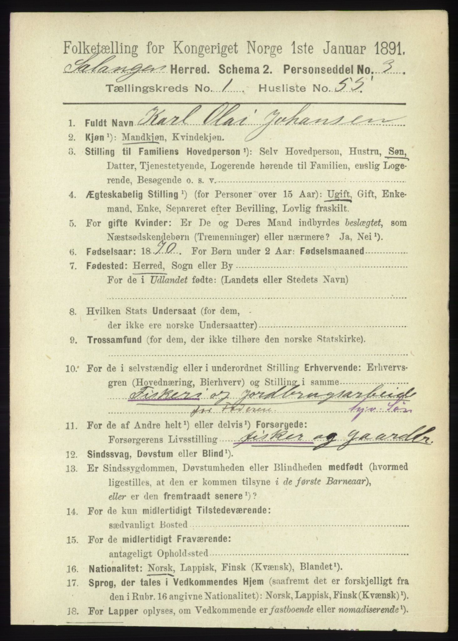 RA, 1891 census for 1921 Salangen, 1891, p. 470