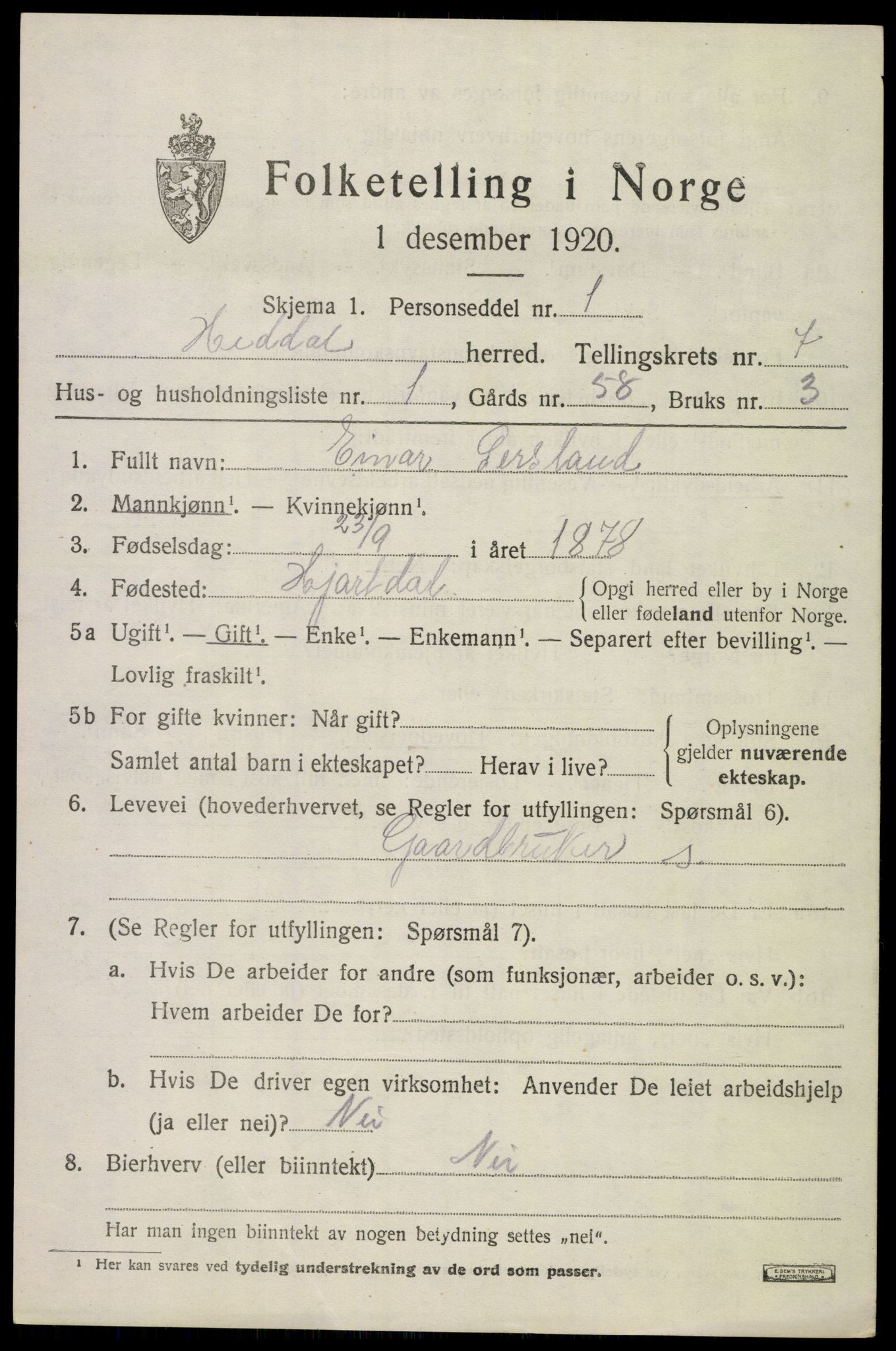 SAKO, 1920 census for Heddal, 1920, p. 5414